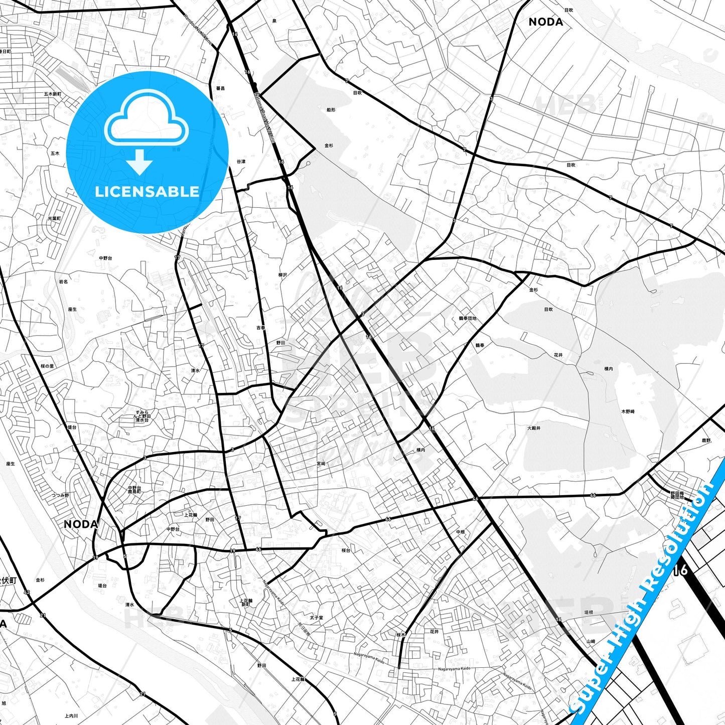 Noda, Japan Light Map with Street Names, City Names, and Districts