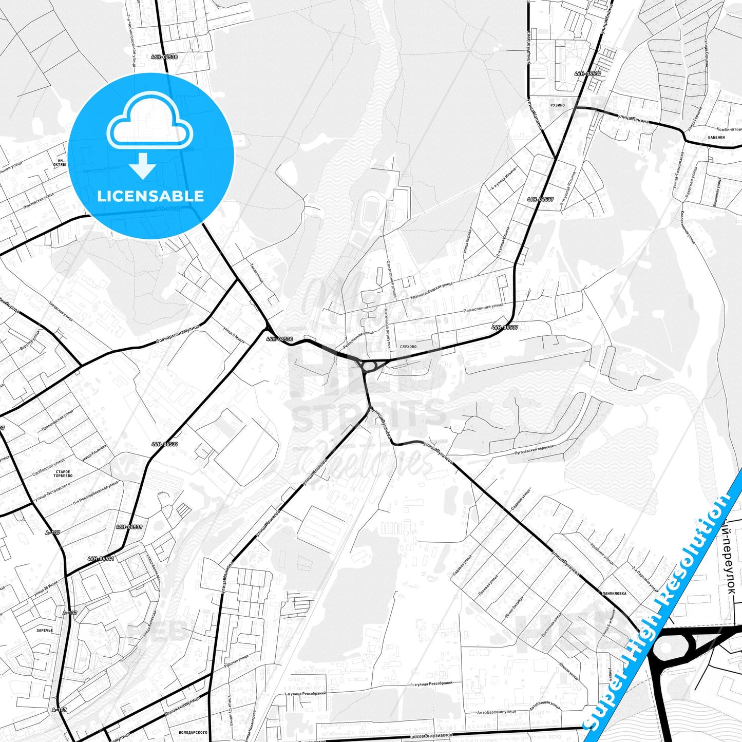 Noginsk, Russia Light Map with Street Names, City Names, and Districts