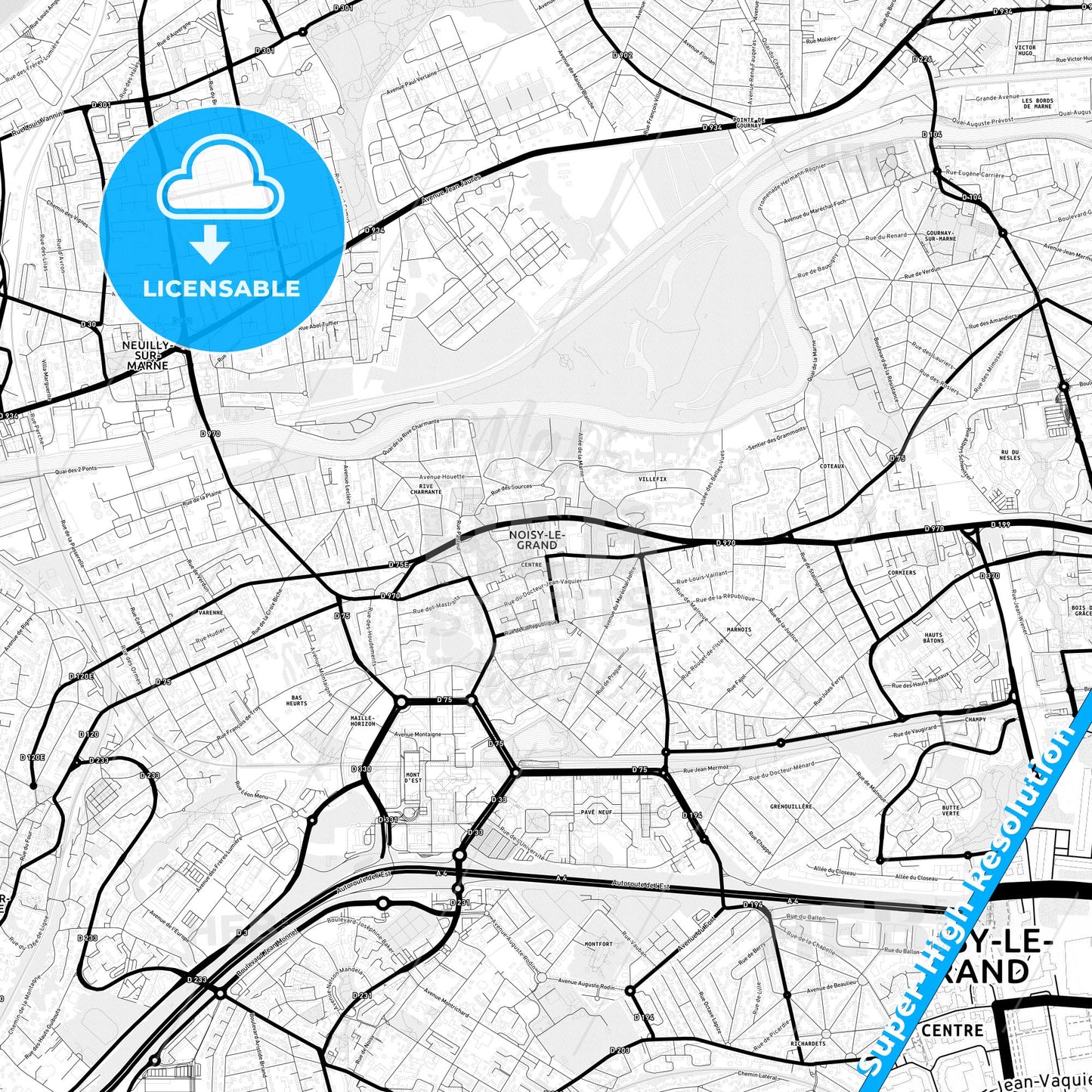 Noisy-le-Grand, France Light Map with Street Names, City Names, and Districts