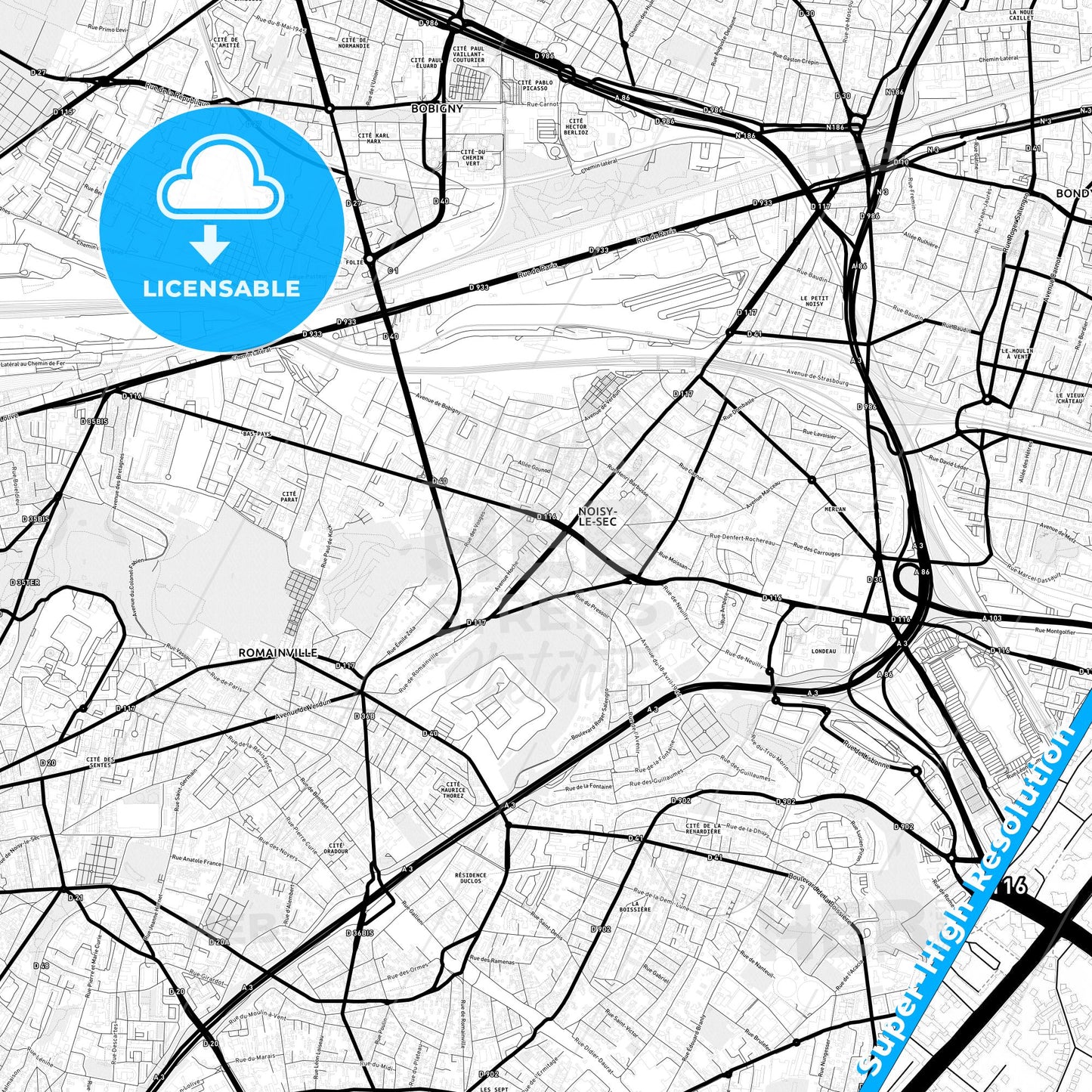 Noisy-le-Sec, France Light Map with Street Names, City Names, and Districts