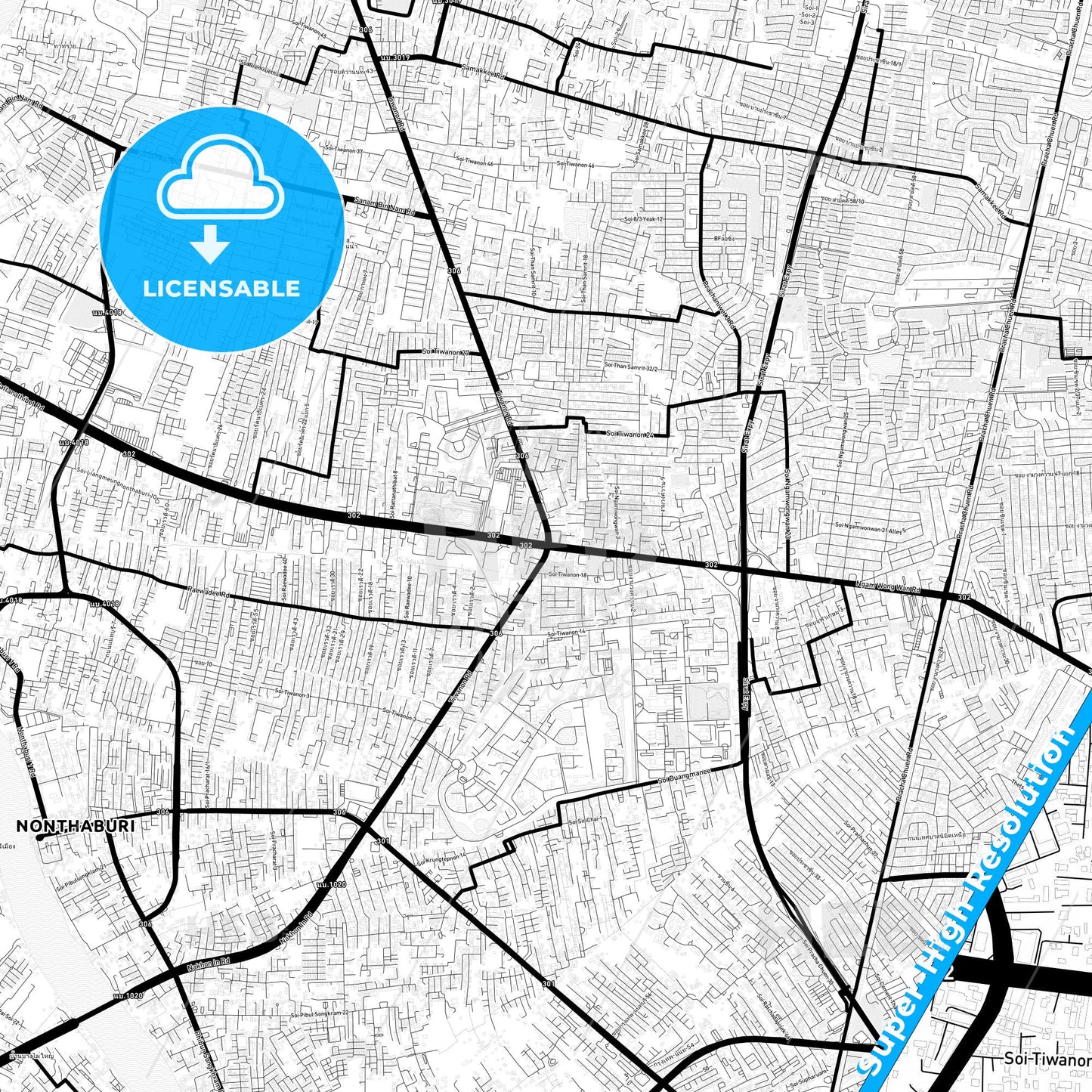 Nonthaburi, Thailand Light Map with Street Names, City Names, and Districts
