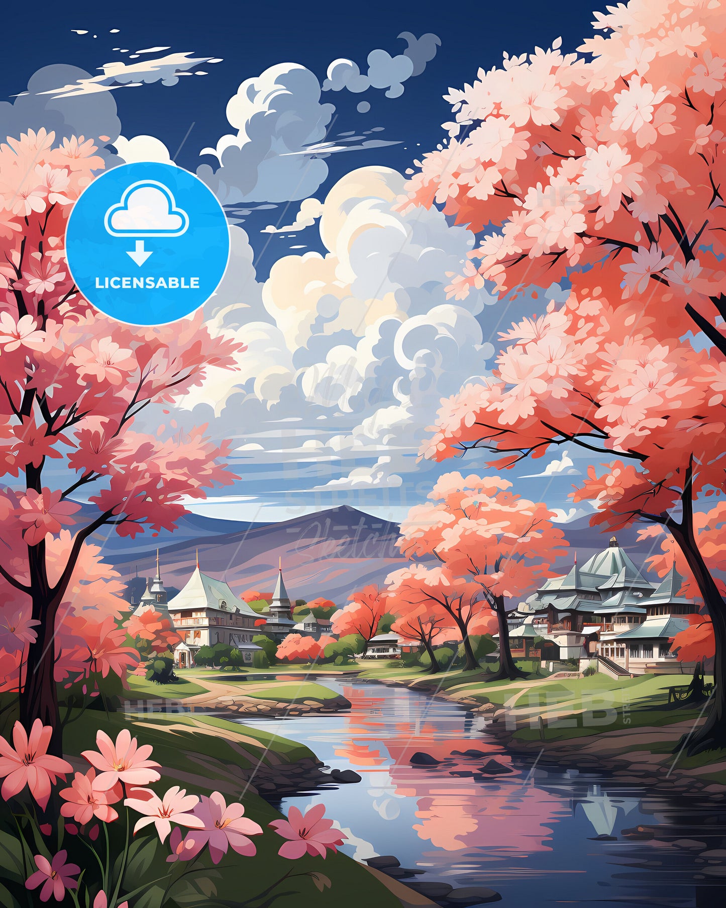 Nonthaburi City Riverfront Scene Featuring Vibrant Pink Vegetation and Buildings on Canvas This title includes keywords like: Nonthaburi, city, riverfront, skyline, pink trees, buildings, painting, art