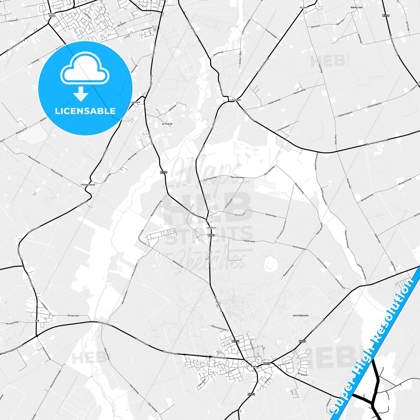 Noordenveld, Netherlands Light Map with Street Names, City Names, and Districts
