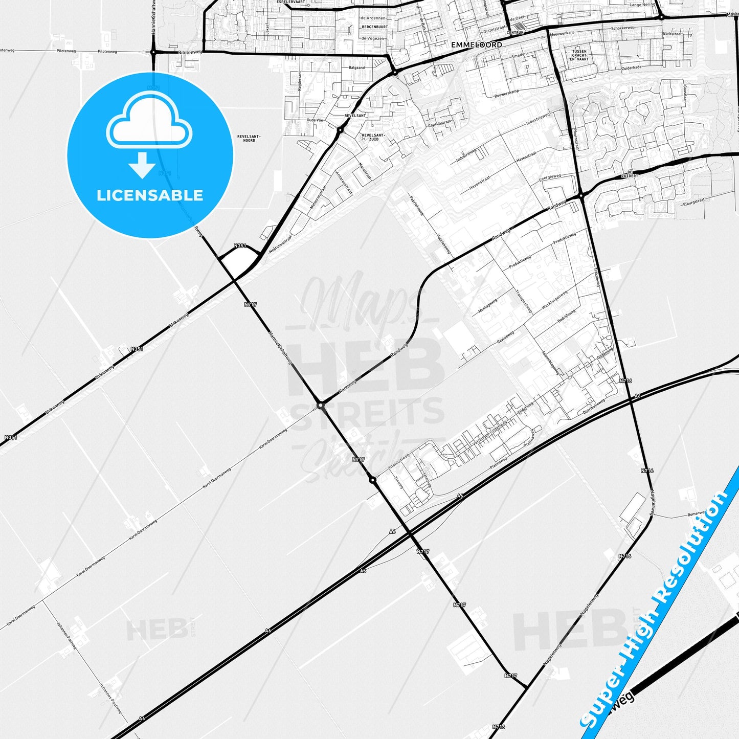 Noordoostpolder, Netherlands Light Map with Street Names, City Names, and Districts