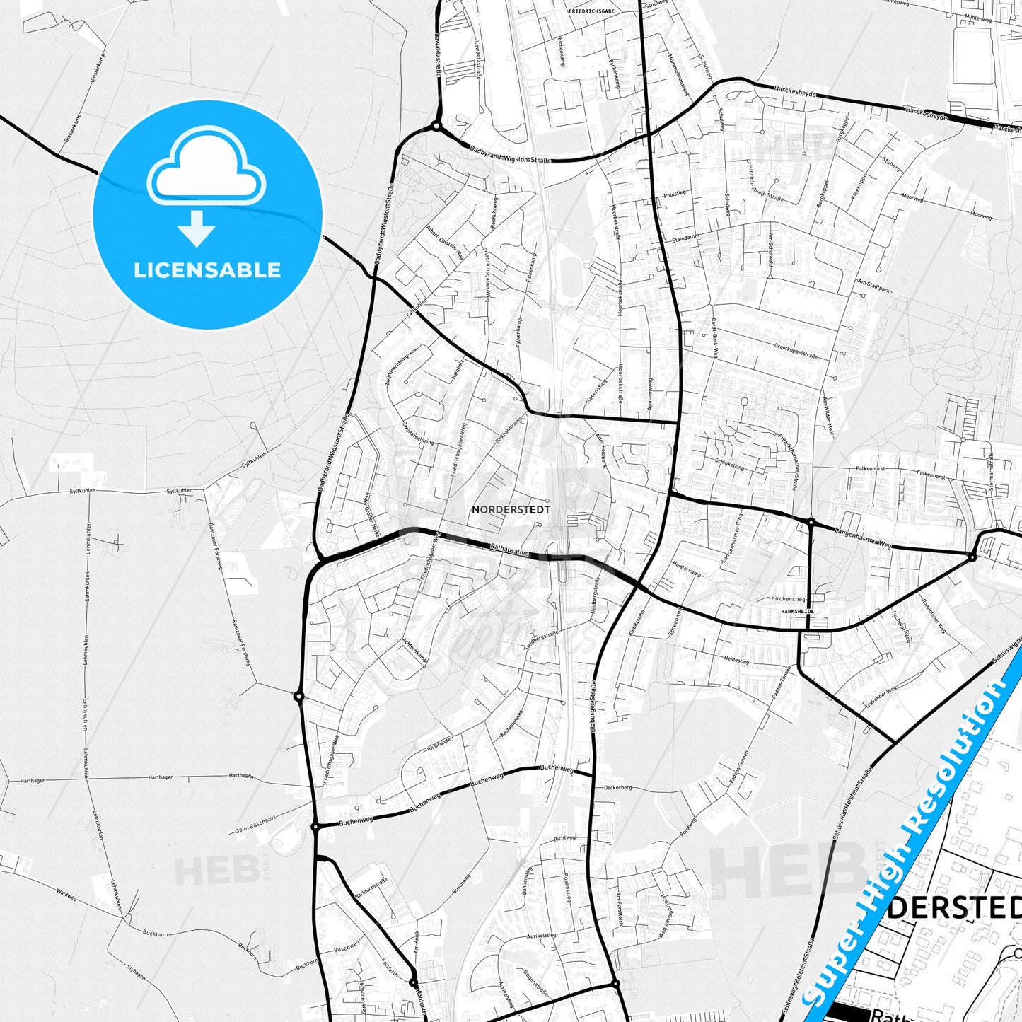 Norderstedt, Germany Light Map with Street Names, City Names, and Districts