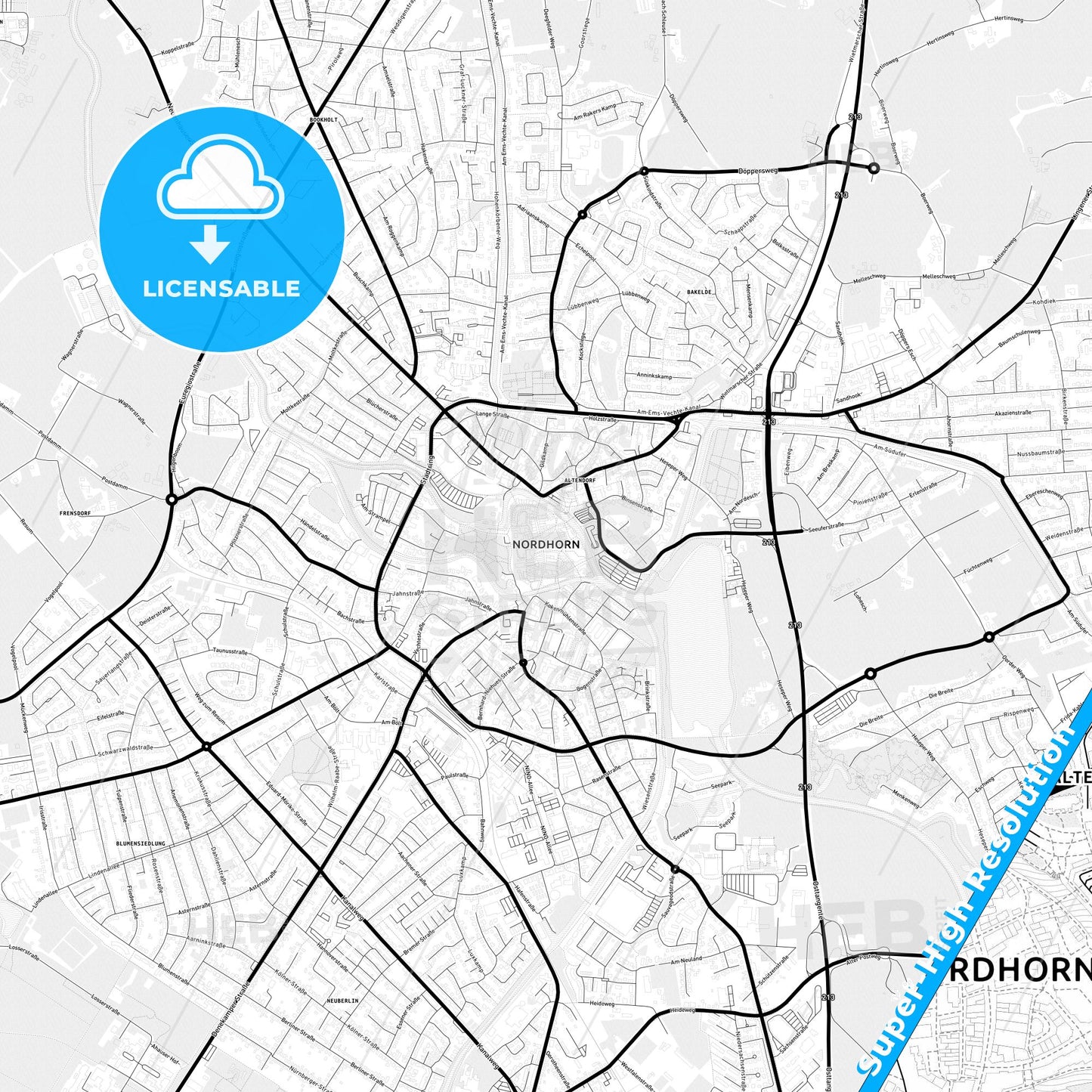 Nordhorn, Germany Light Map with Street Names, City Names, and Districts