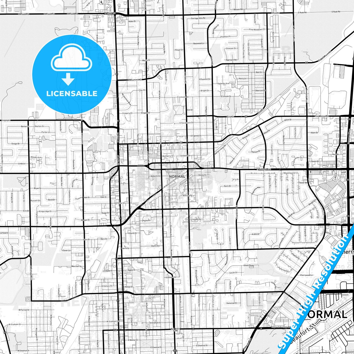 Normal, Illinois Light Map with Street Names, City Names, and Districts