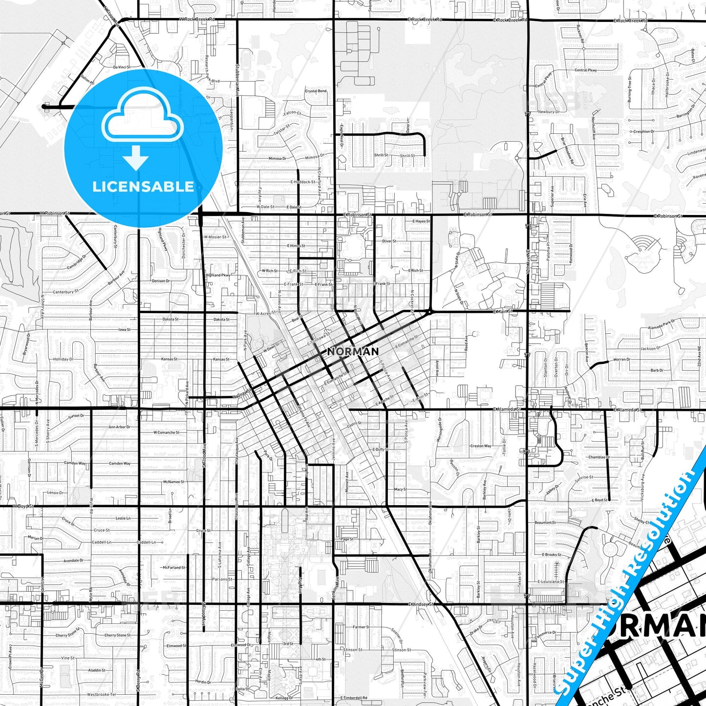 Norman, Oklahoma Light Map with Street Names, City Names, and Districts