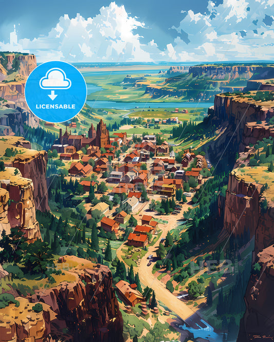 Vibrant Painting of a Town Nestled in a Picturesque Canyon, North Dakota, USA