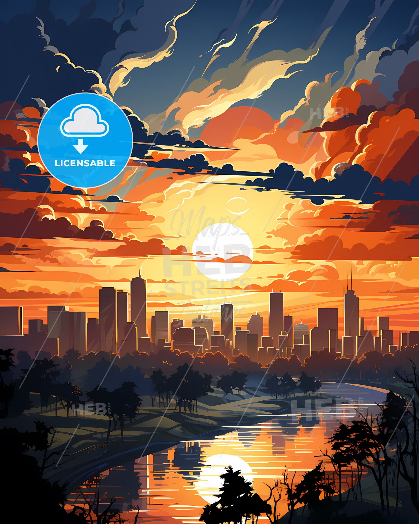 Vibrant Abstract Skyline Painting of North Jakarta Indonesia Cityscape at Sunset