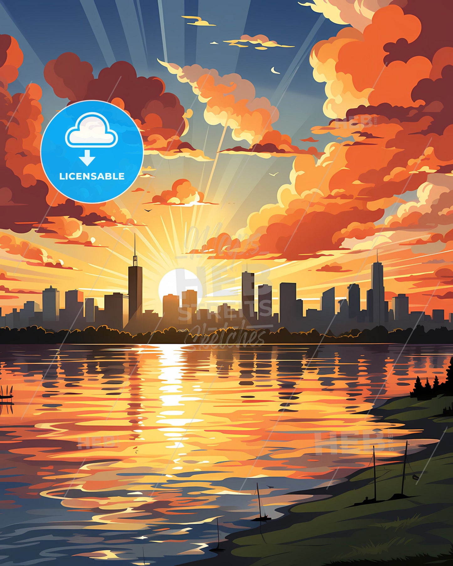 Colorful Sunset Over North Jakarta Indonesia City Skyline Painting Art