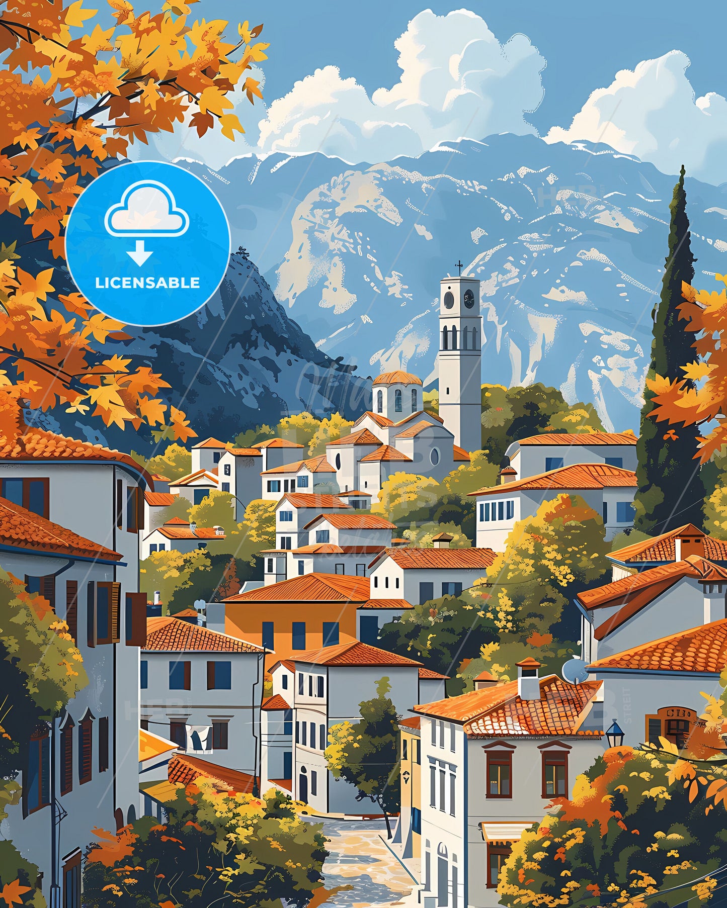 Vibrant Colorful Cityscape Painting Town Buildings Trees North Macedonia Europe