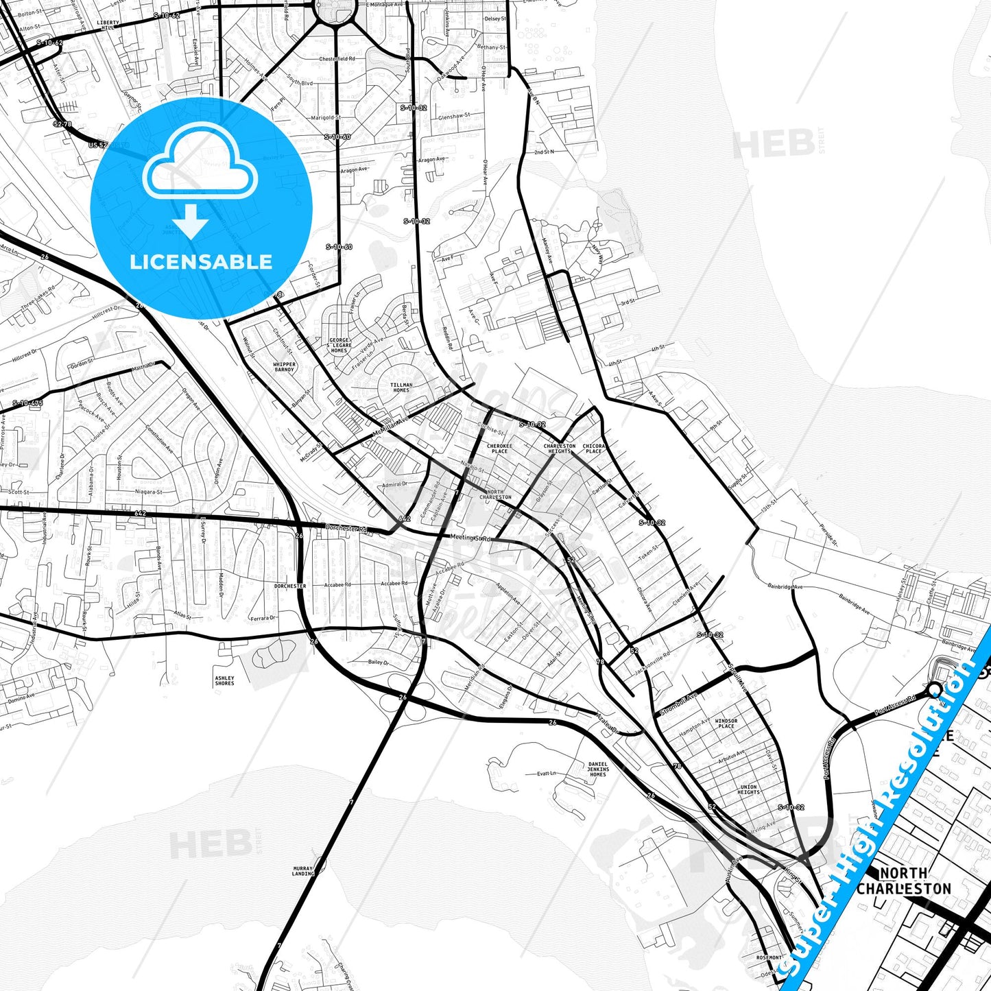 North Charleston, South Carolina Light Map with Street Names, City Names, and Districts