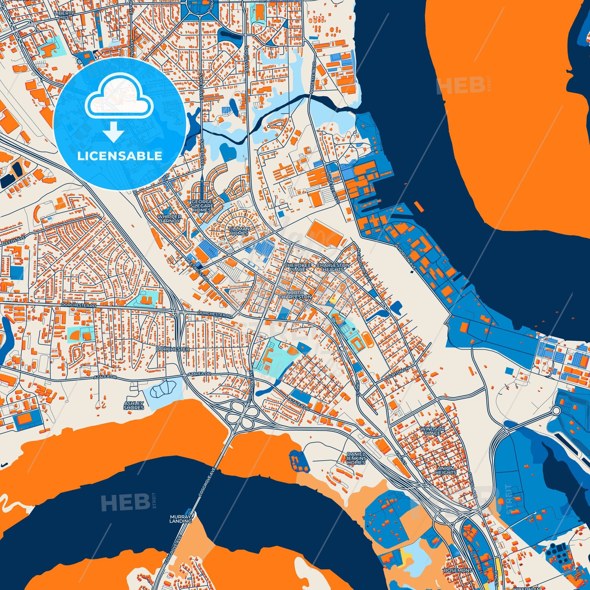 Colorful North Charleston Street Map With Labels And Buildings – HEBSTREITS