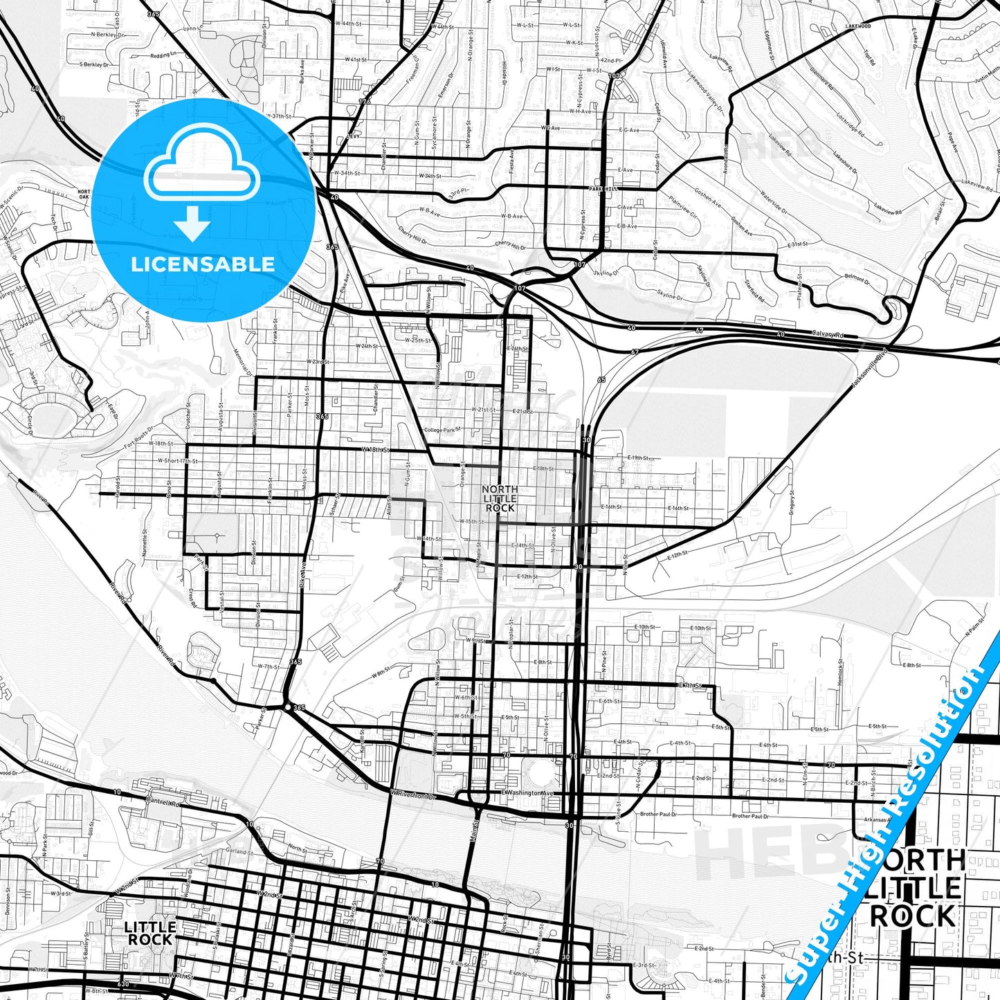 North Little Rock, Arkansas Light Map with Street Names, City Names, and Districts