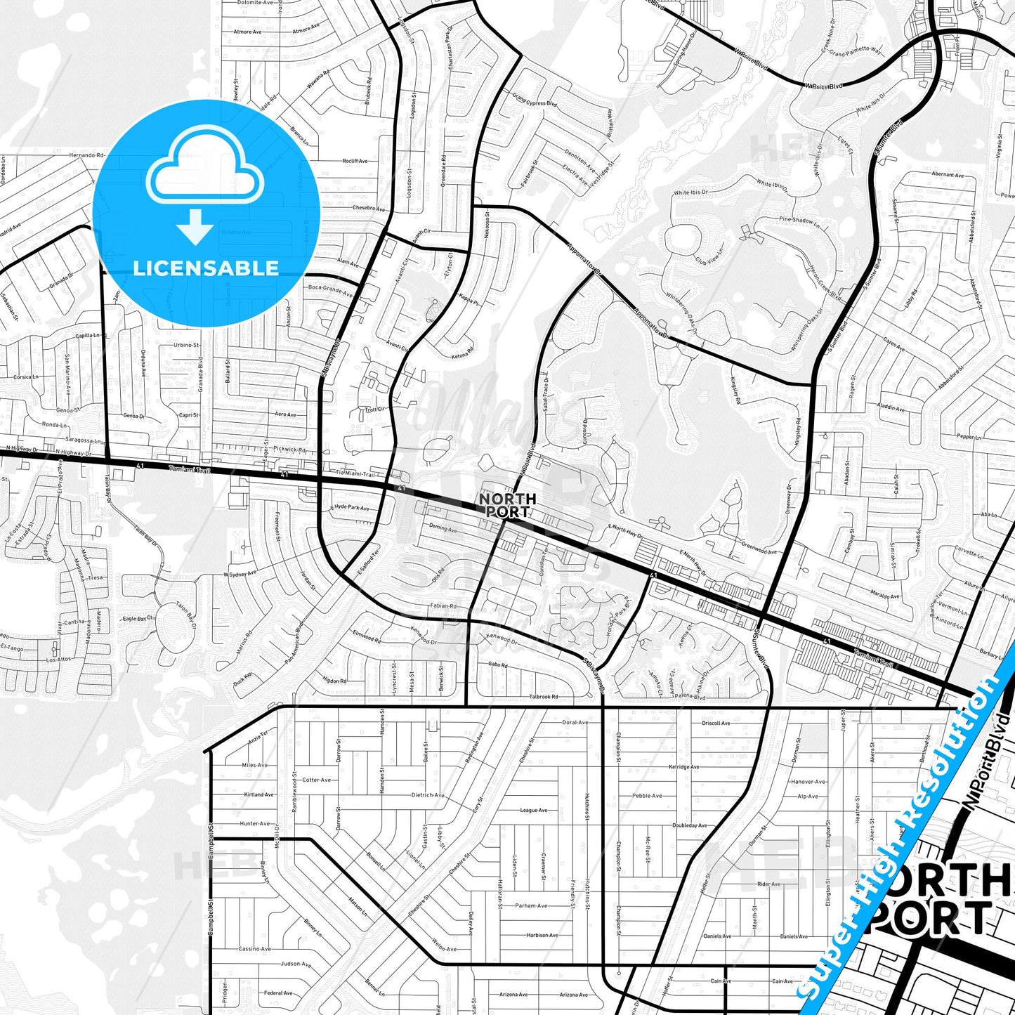 North Port, Florida Light Map with Street Names, City Names, and Districts