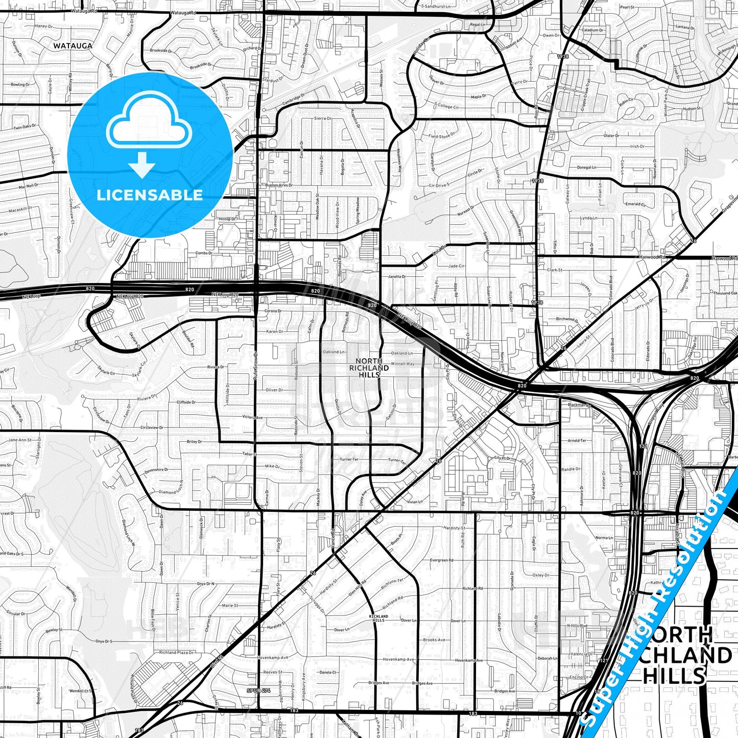 North Richland Hills, Texas Light Map with Street Names, City Names, and Districts