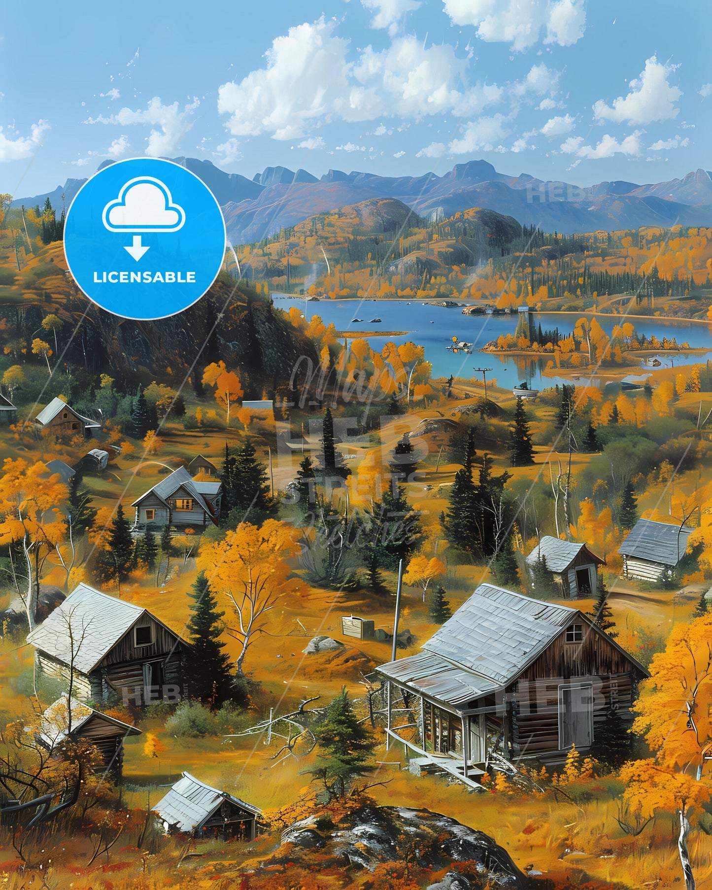 Landscape Painting: Northwest Territories, Canada - Houses, Mountains, Nature, Artwork