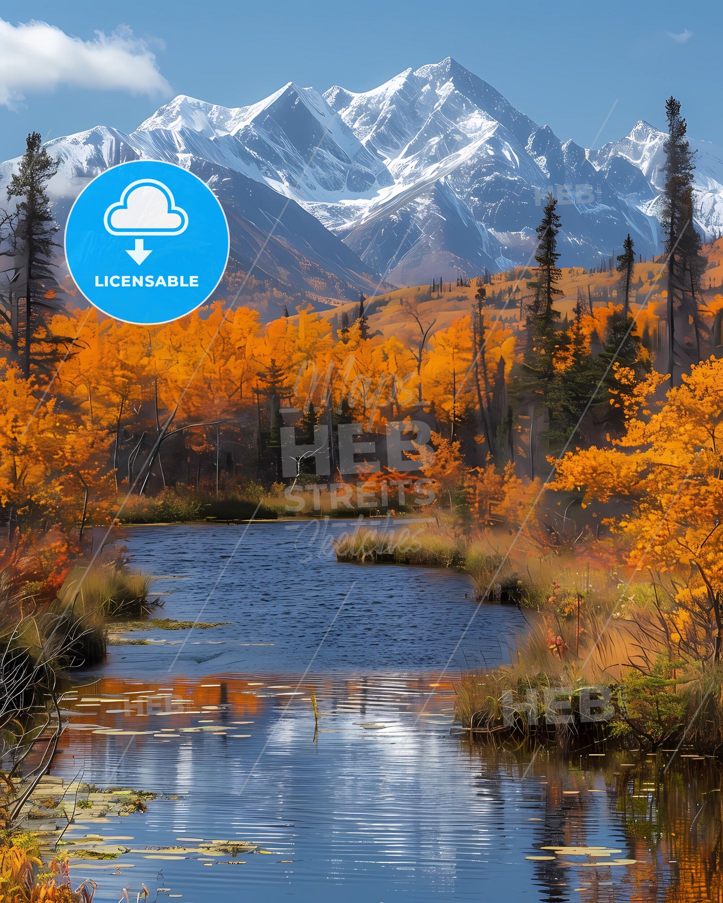 Vibrant Northwest Territories River Scene Painting with Trees and Mountain Background