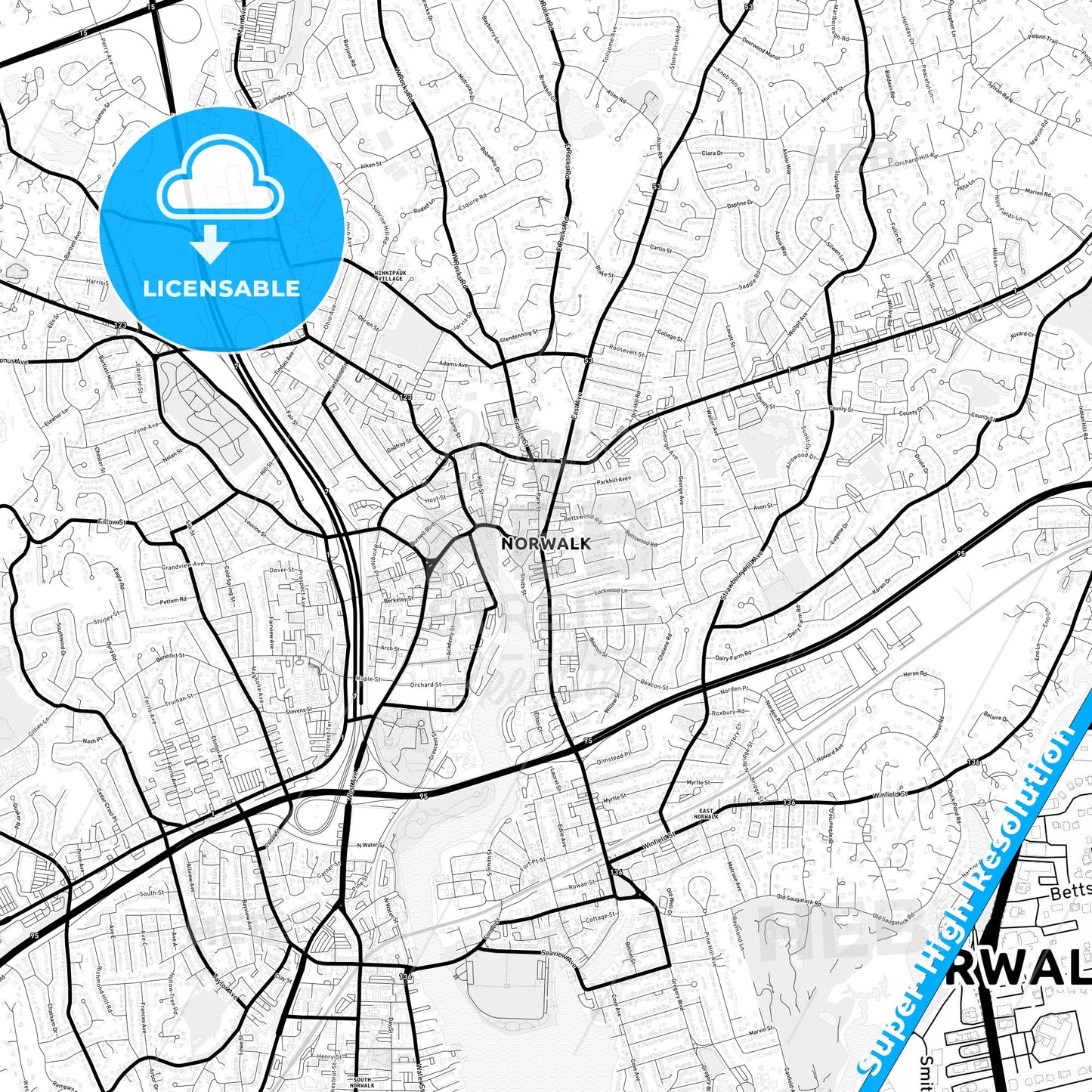 Norwalk, Connecticut Light Map with Street Names, City Names, and Districts