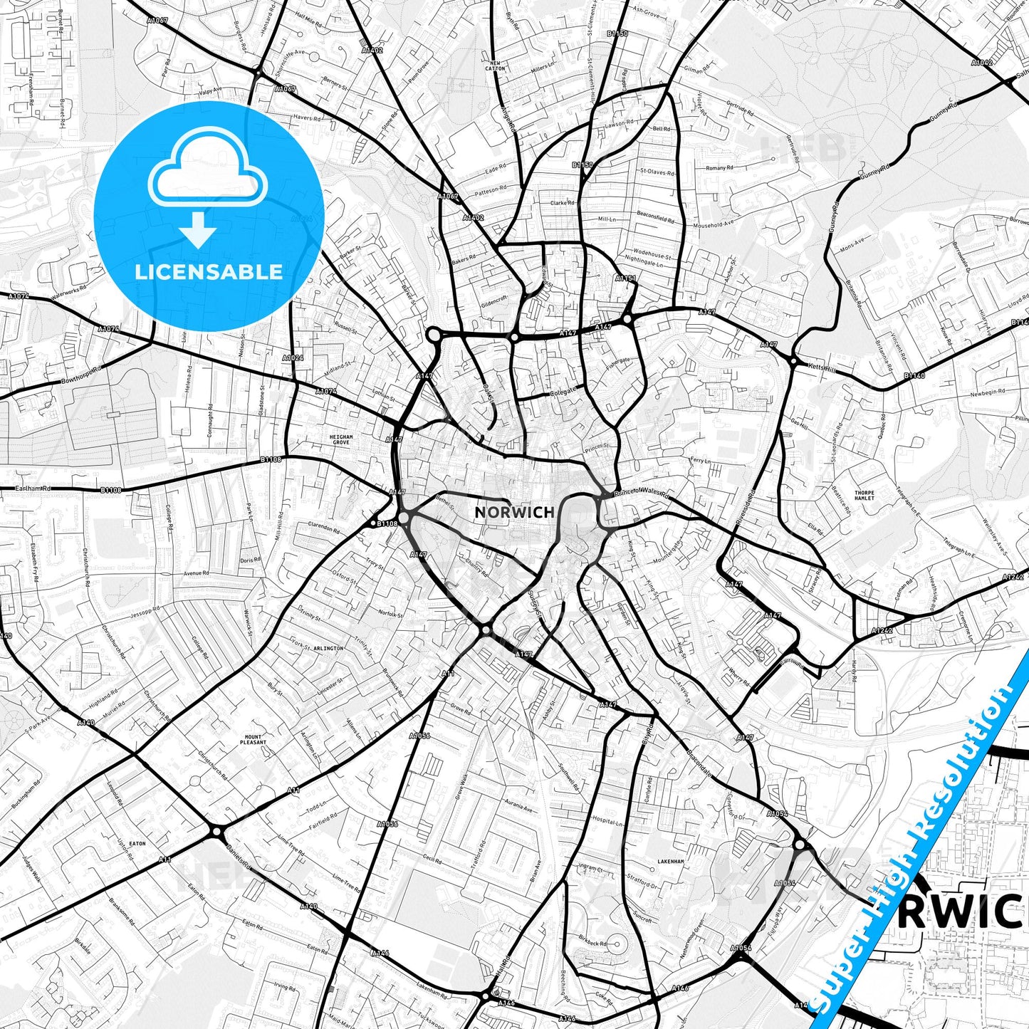 Norwich, England Light Map with Street Names, City Names, and Districts