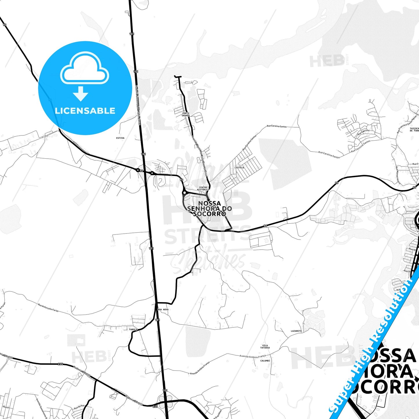 Nossa Senhora do Socorro, Brazil Light Map with Street Names, City Names, and Districts