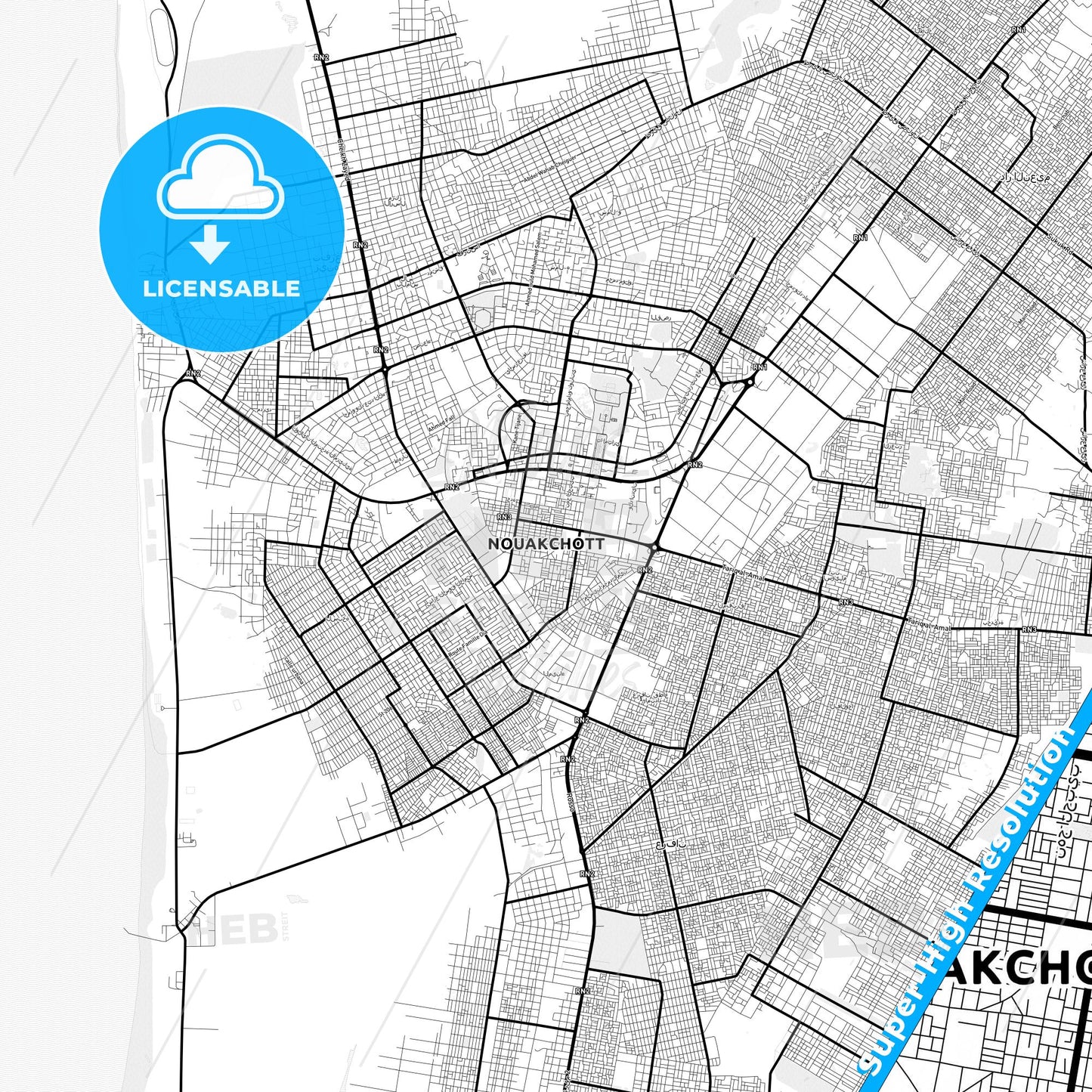 Nouakchott, Mauritania Light Map with Street Names, City Names, and Districts