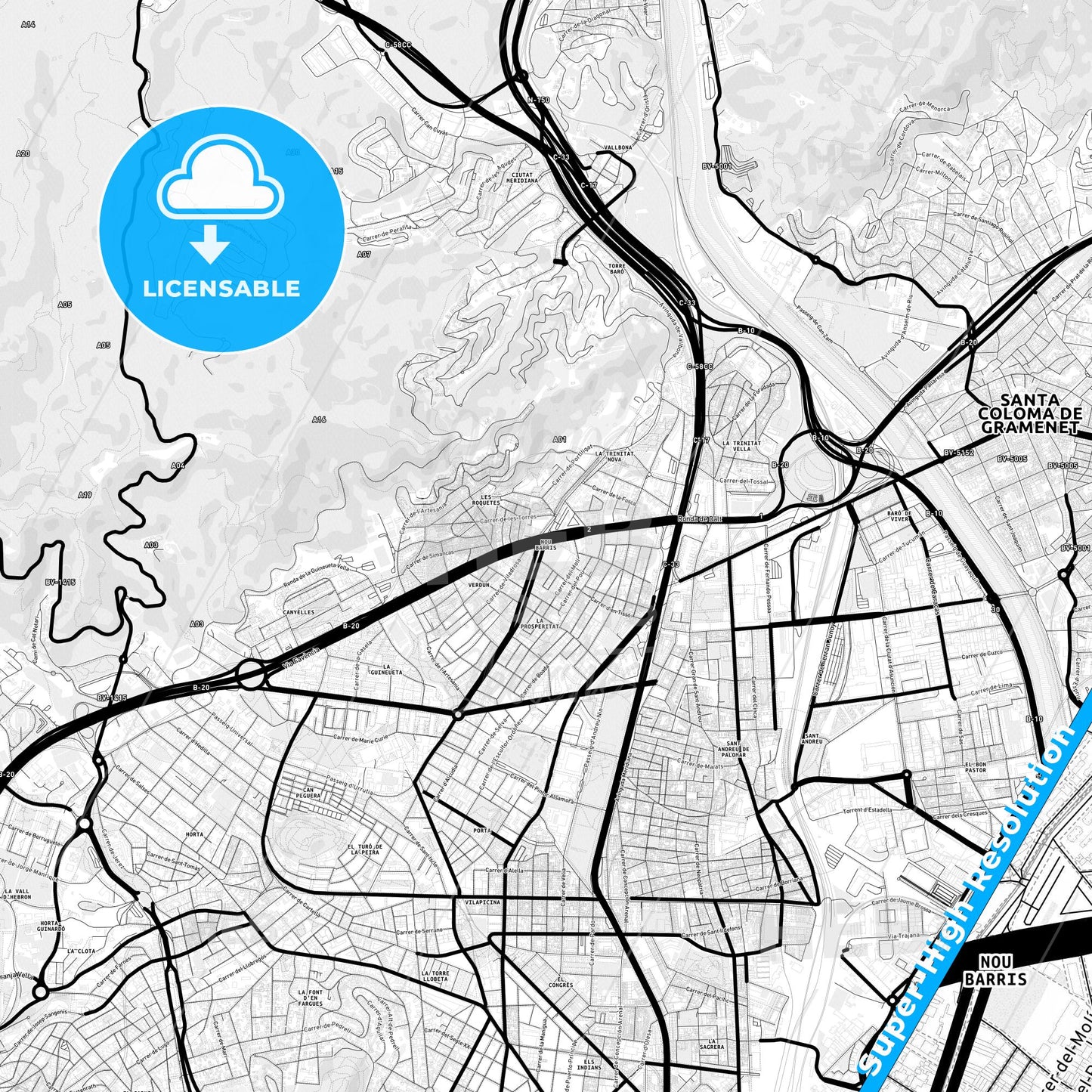 Nou Barris, Spain Light Map with Street Names, City Names, and Districts