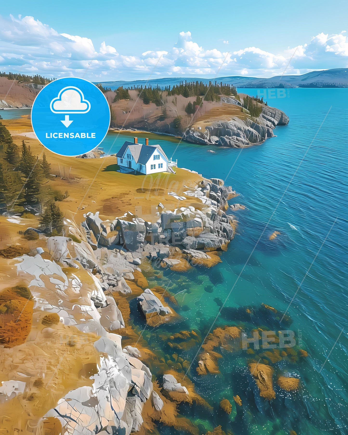 Vibrant Nova Scotia House Painting: Art, Canada, Rocky Island, Water