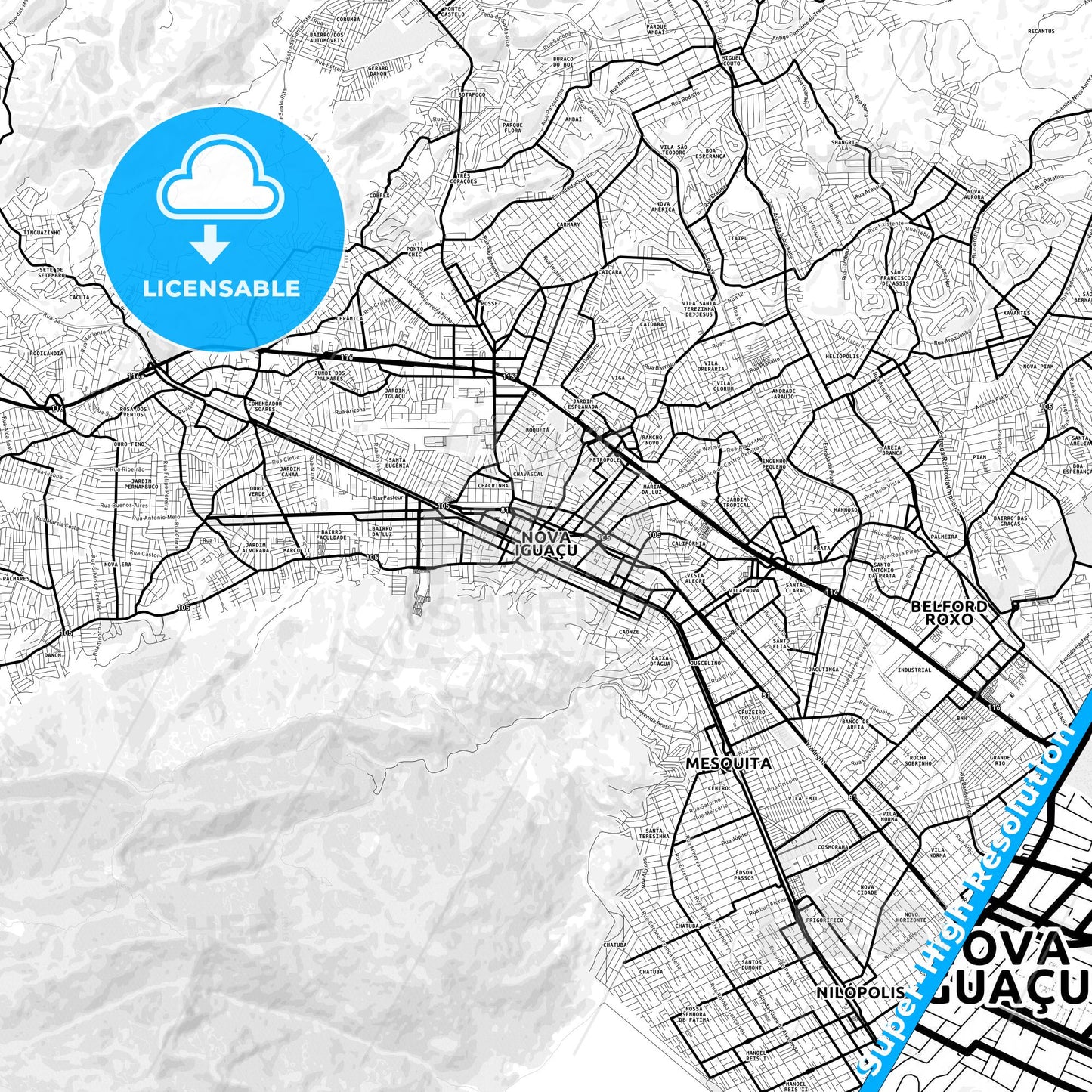 Nova Iguacu, Brazil Light Map with Street Names, City Names, and Districts