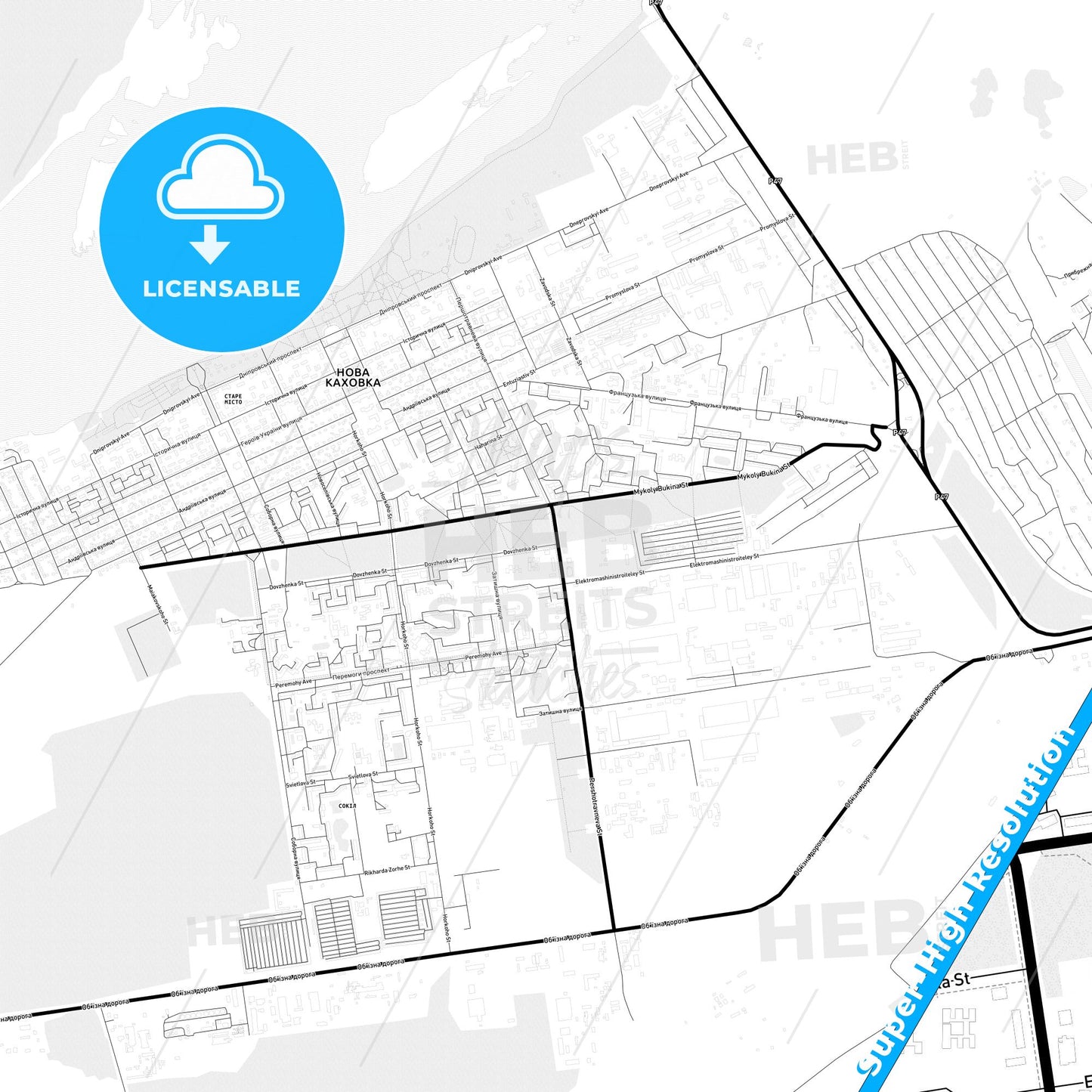 Nova Kakhovka, Ukraine Light Map with Street Names, City Names, and Districts