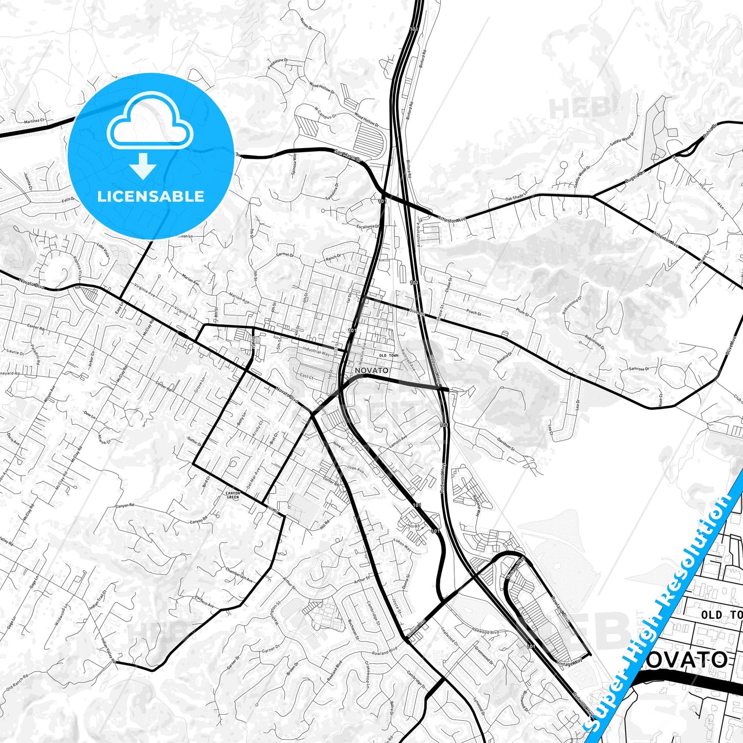 Novato, California Light Map with Street Names, City Names, and Districts