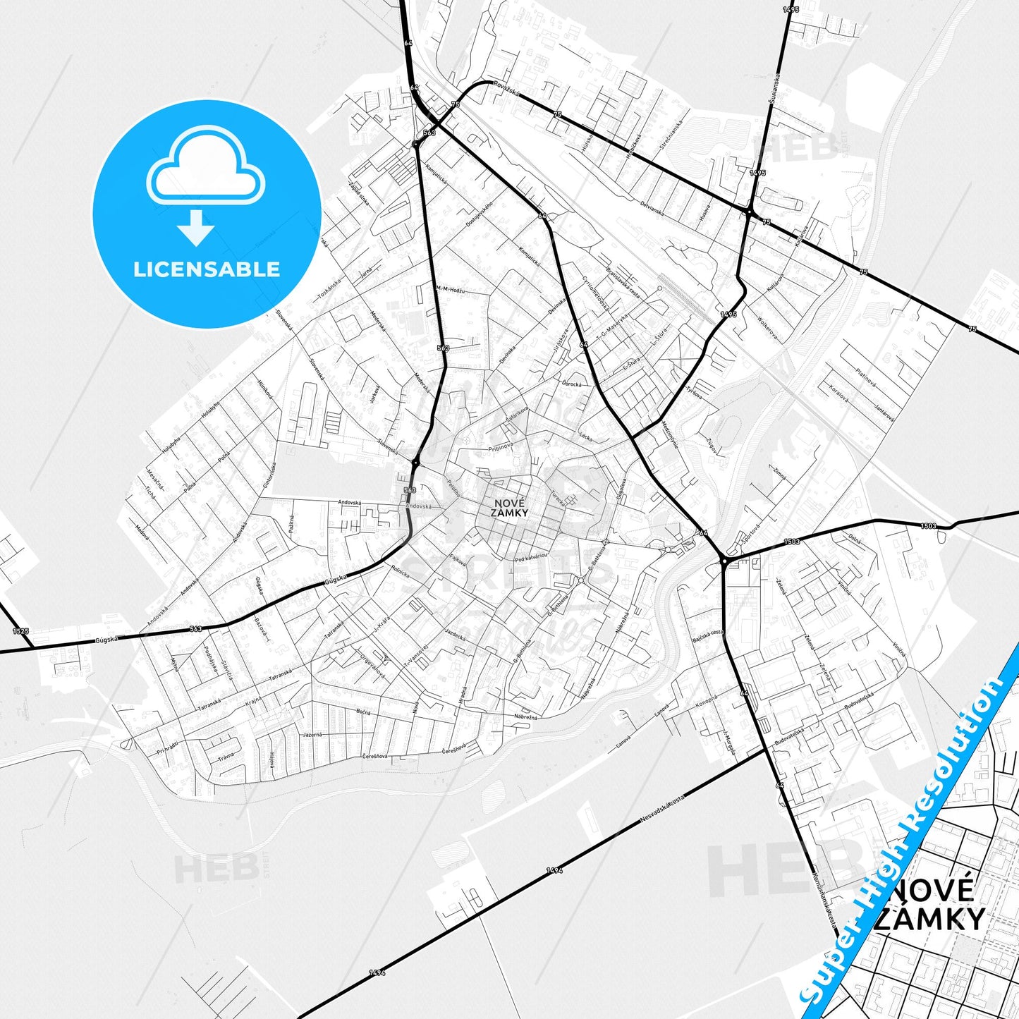 Nové Zámky, Slovakia Light Map with Street Names, City Names, and Districts