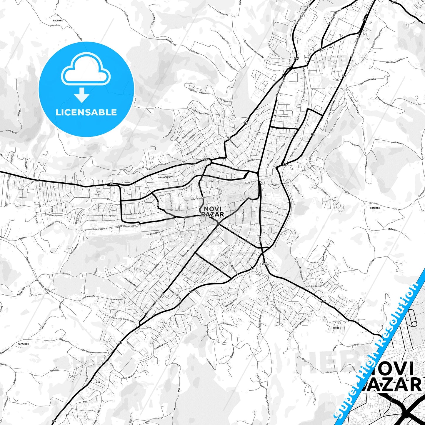 Novi Pazar, Serbia Light Map with Street Names, City Names, and Districts