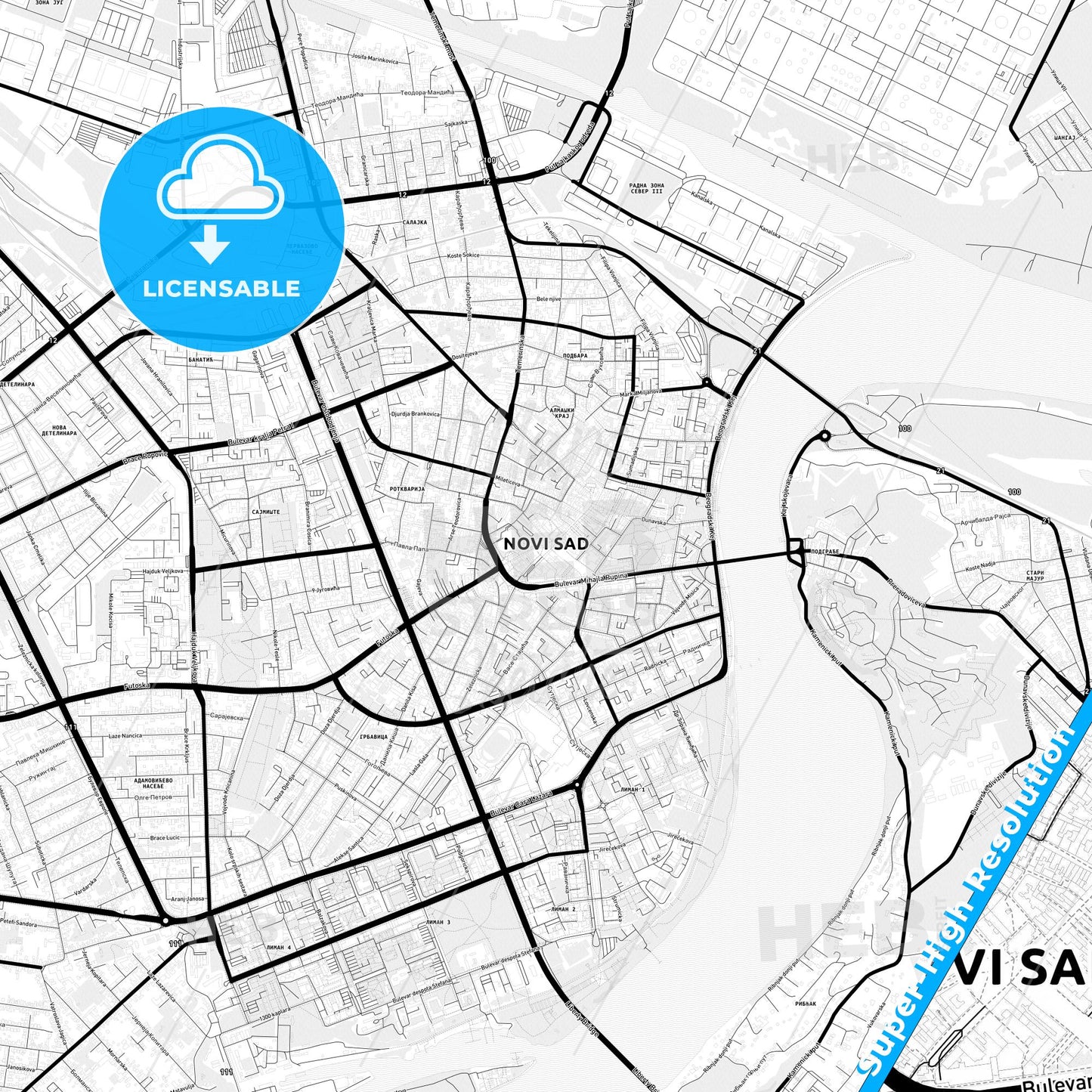 Novi Sad, Serbia Light Map with Street Names, City Names, and Districts