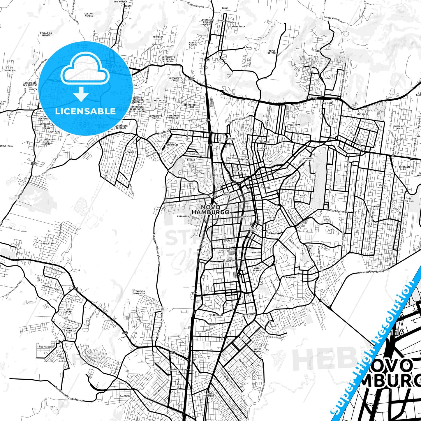 Novo Hamburgo, Brazil Light Map with Street Names, City Names, and Districts