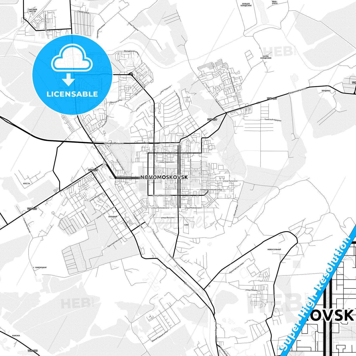 Novomoskovsk, Russia Light Map with Street Names, City Names, and Districts