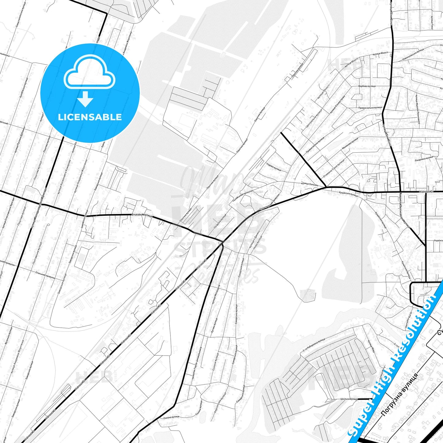 Novomoskovsk, Ukraine Light Map with Street Names, City Names, and Districts