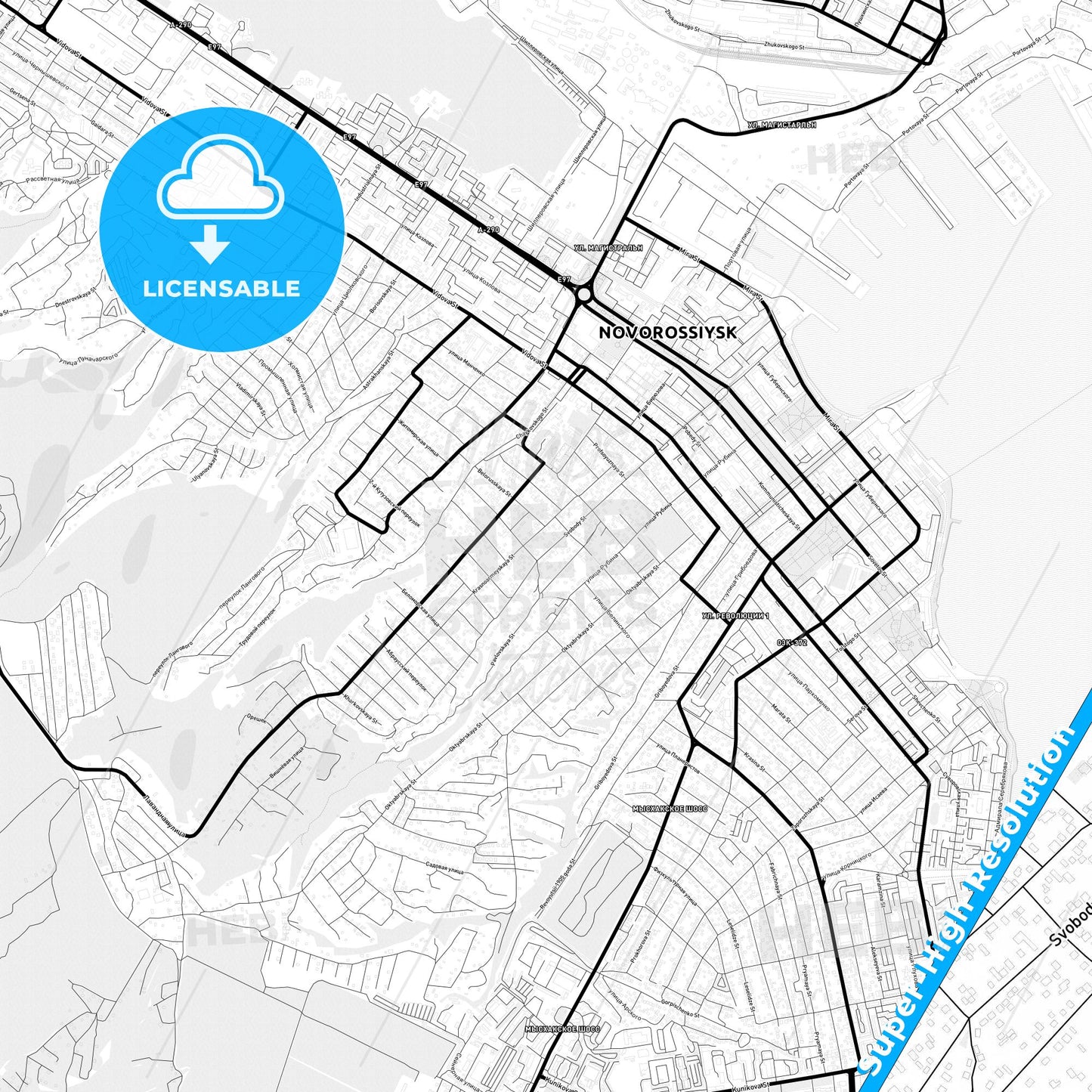 Novorossiysk, Russia Light Map with Street Names, City Names, and Districts