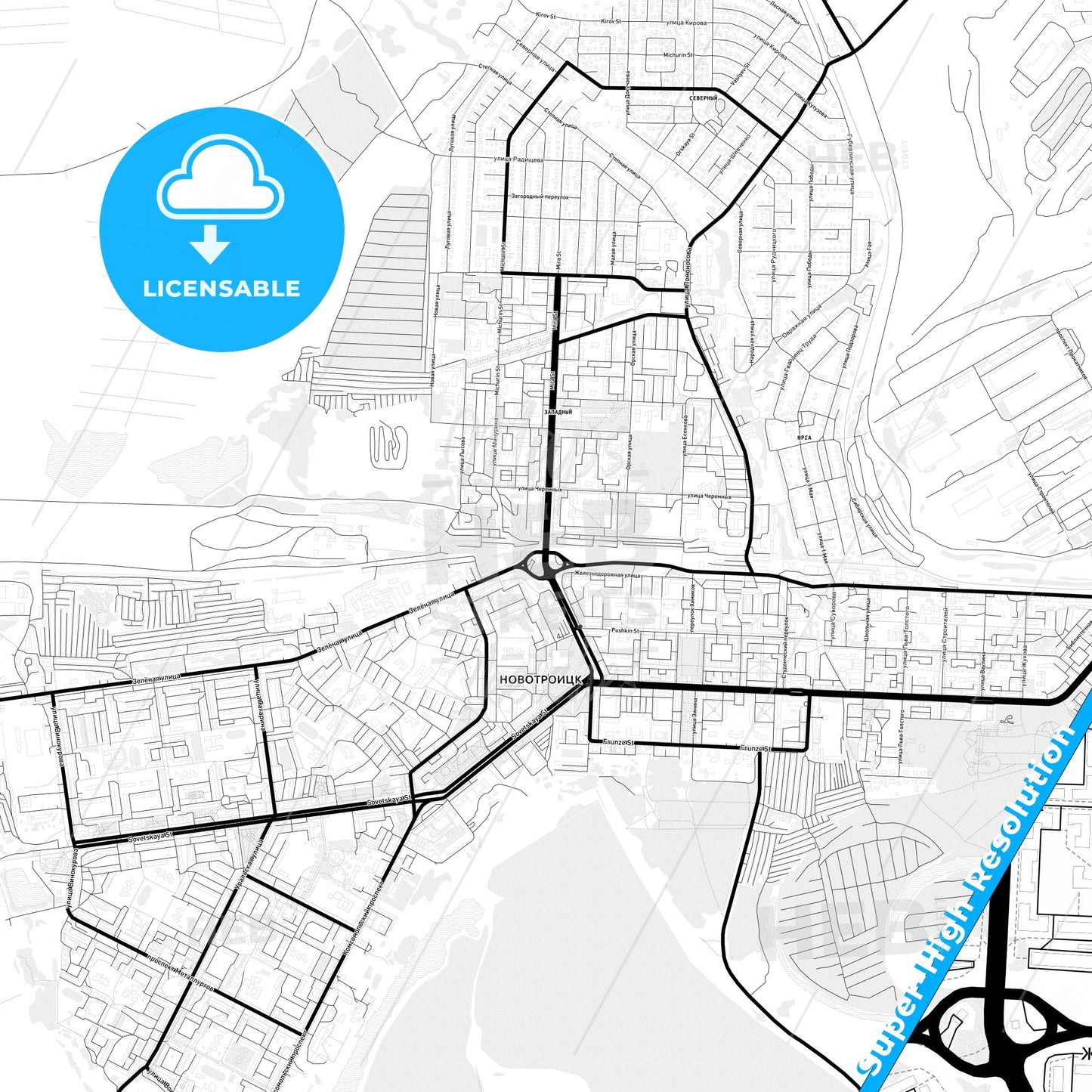Novotroitsk, Russia Light Map with Street Names, City Names, and Districts