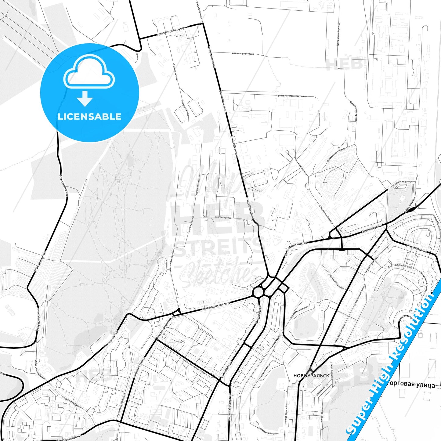 Novouralsk, Russia Light Map with Street Names, City Names, and Districts