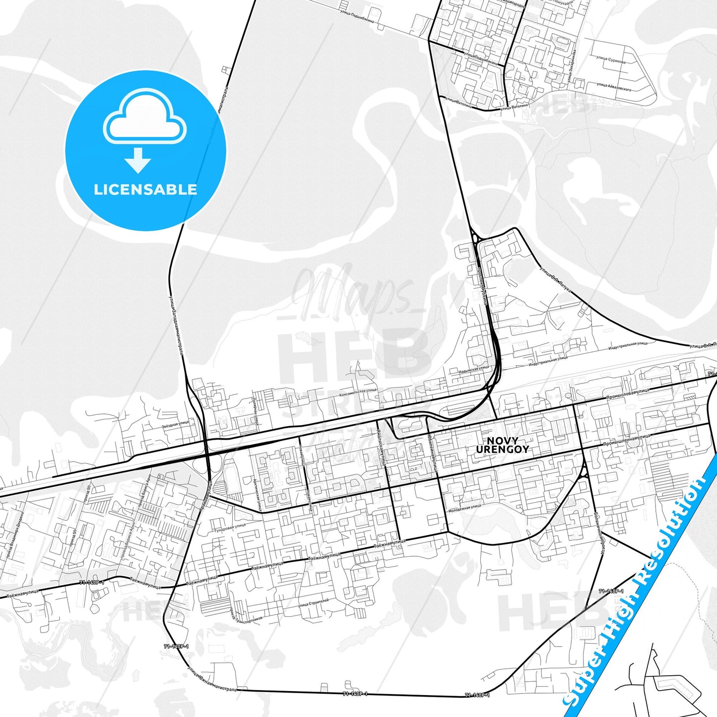 Novy Urengoy, Russia Light Map with Street Names, City Names, and Districts