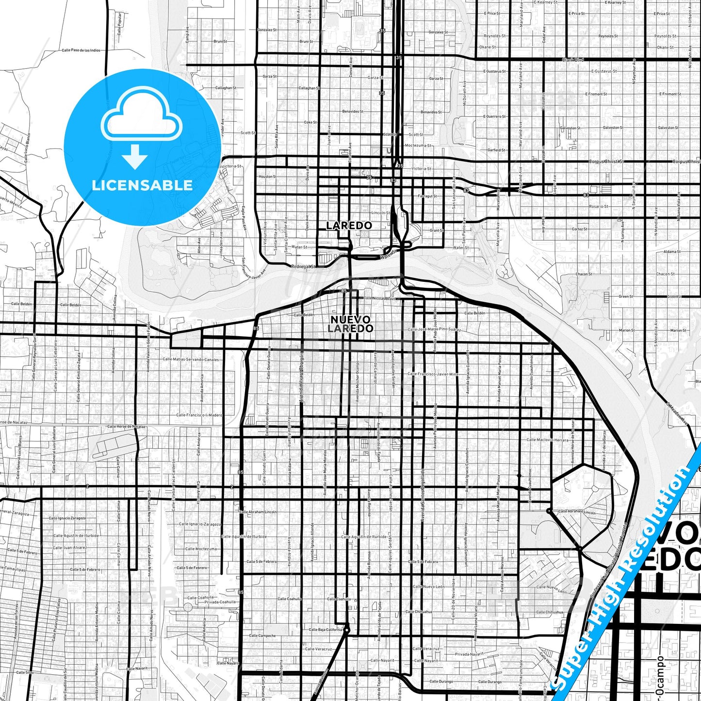 Nuevo Laredo, Mexico Light Map with Street Names, City Names, and Districts
