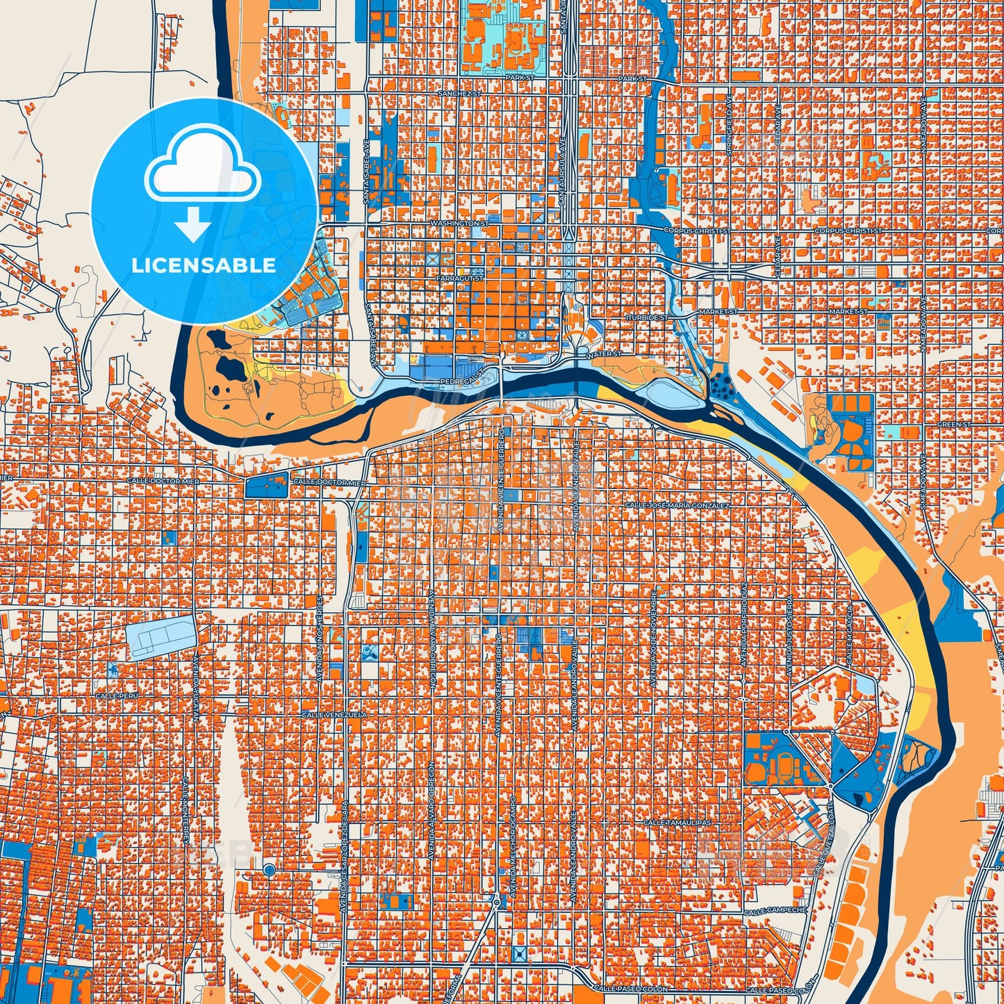 Colorful Nuevo Laredo Street Map with Labels and Buildings