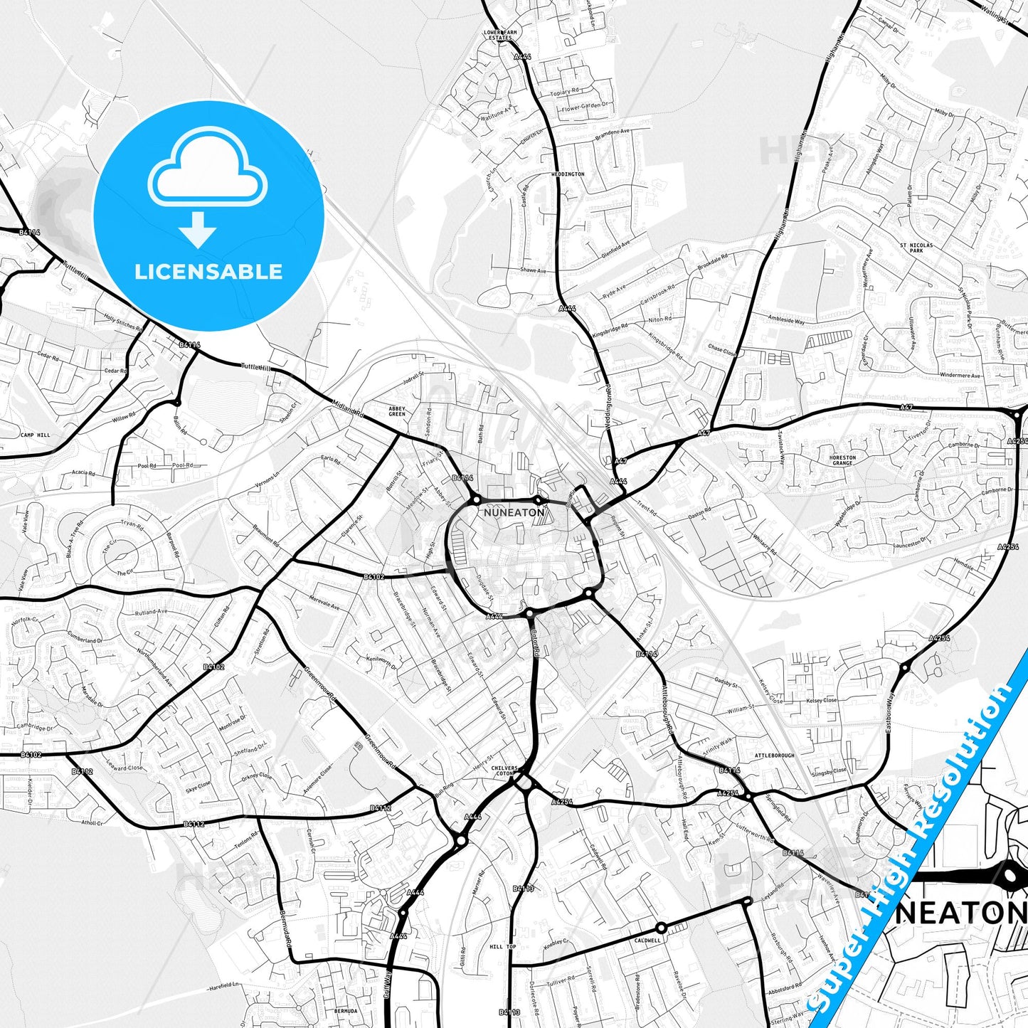 Nuneaton, England Light Map with Street Names, City Names, and Districts