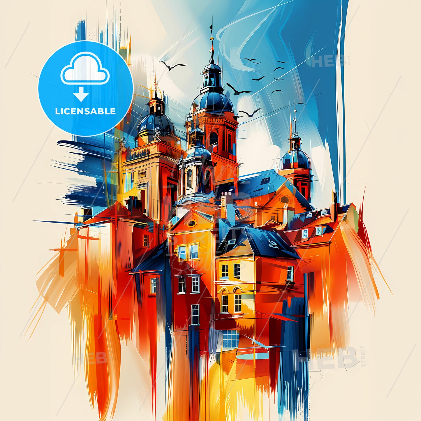 Vibrant Nuneaton, England - A Painting Of A Building With A Tower And Birds Flying