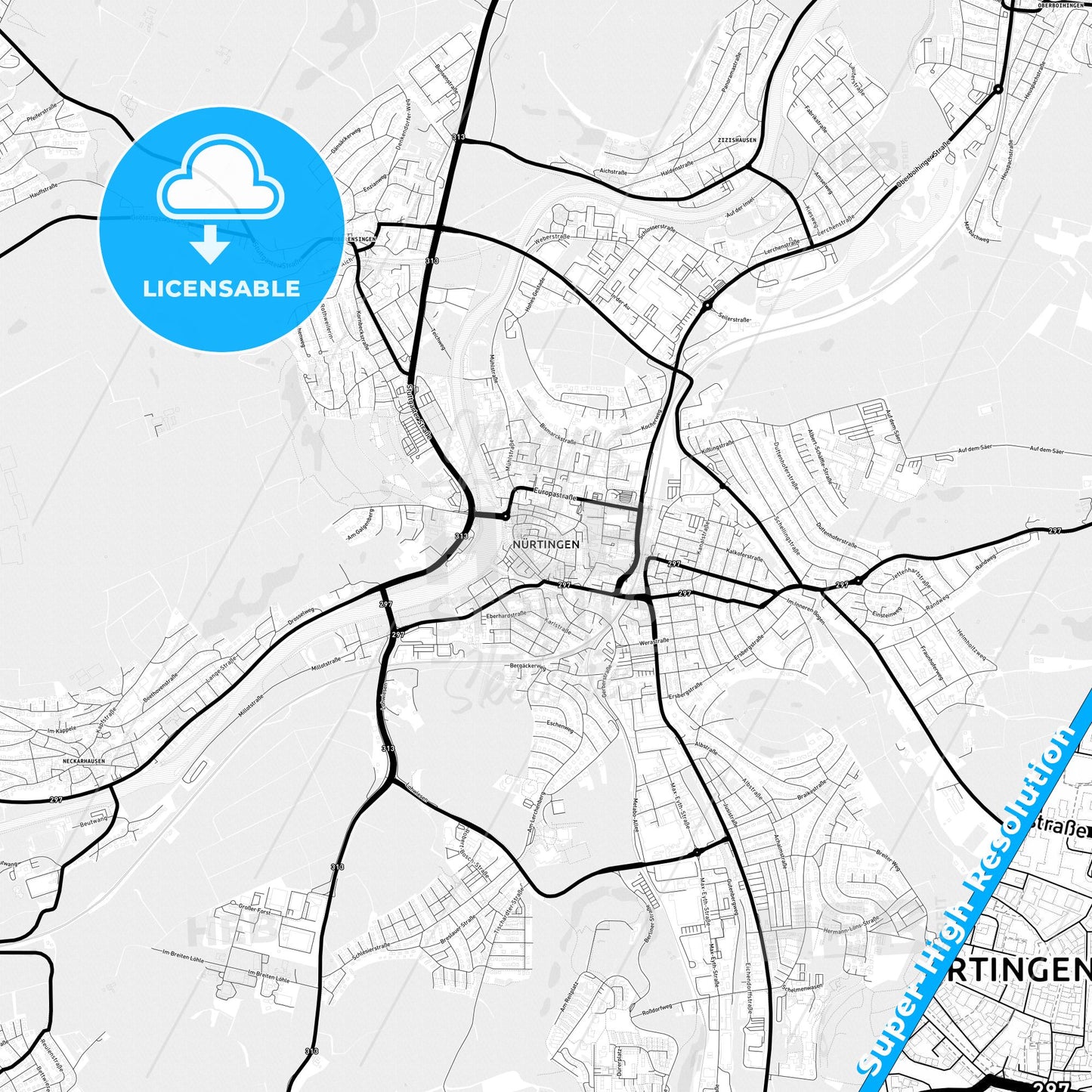Nurtingen, Germany Light Map with Street Names, City Names, and Districts