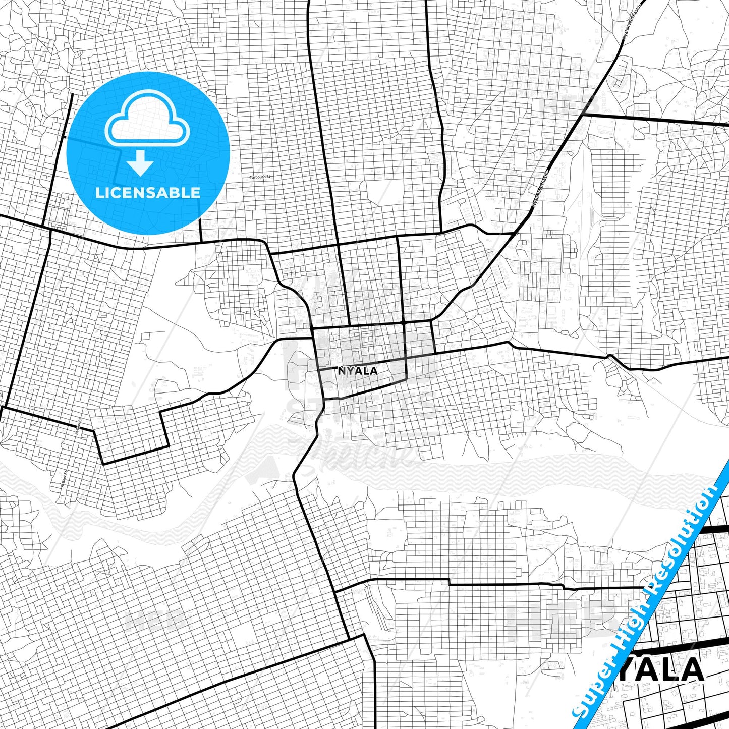 Nyala, Sudan Light Map with Street Names, City Names, and Districts