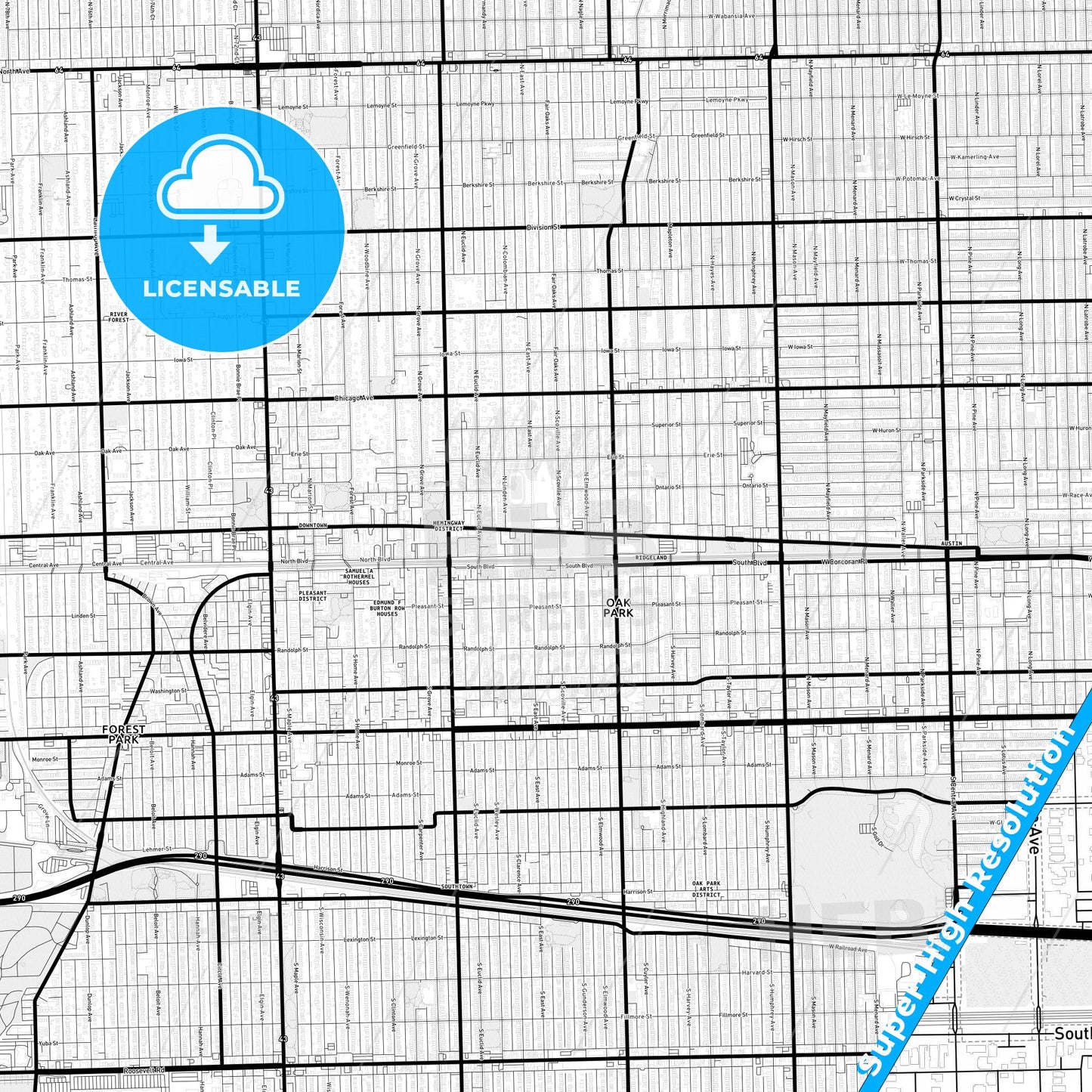 Oak Park, Illinois Light Map with Street Names, City Names, and Districts
