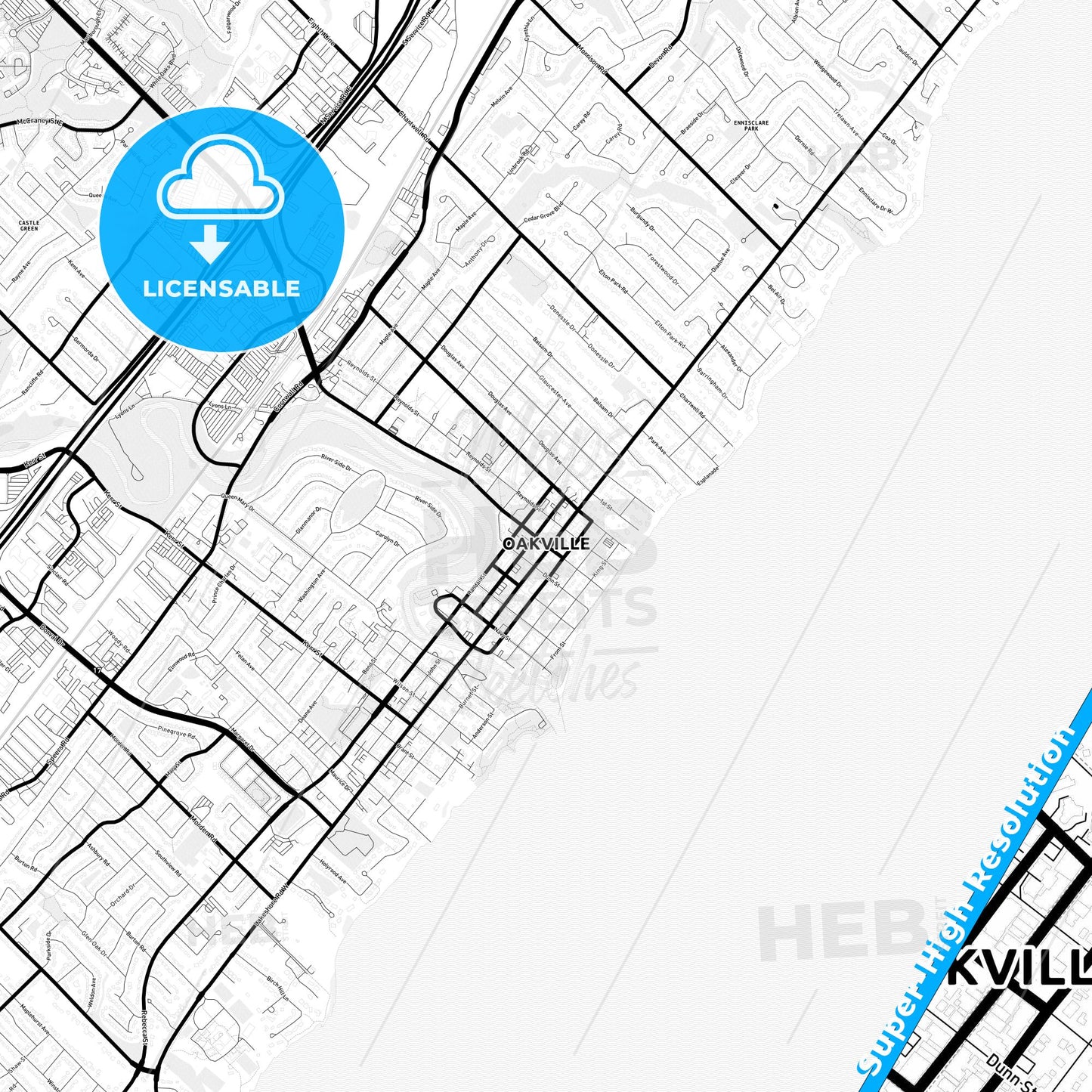 Oakville, Canada Light Map with Street Names, City Names, and Districts